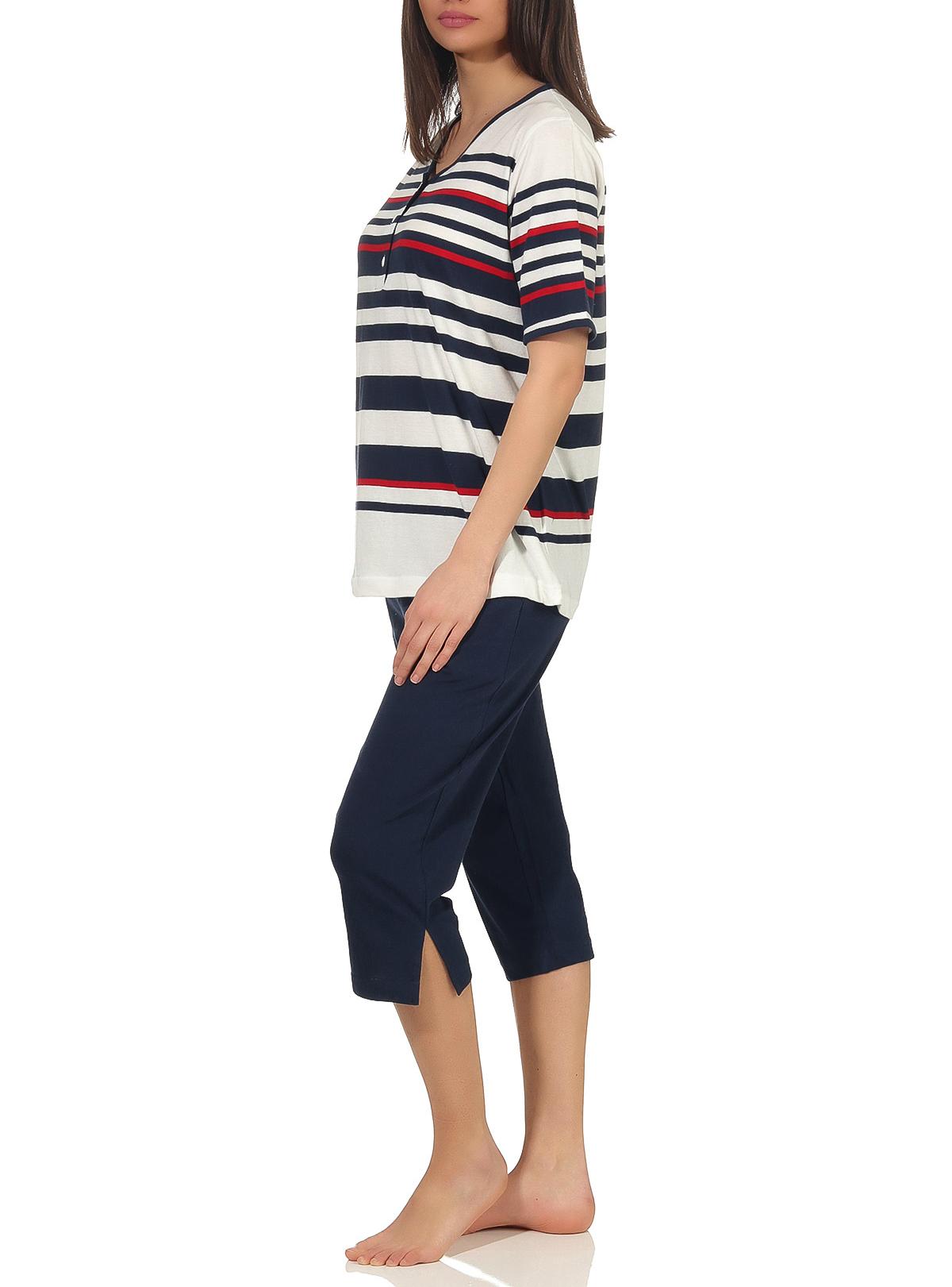 Maritimer Damen Capri Pyjama kurzarm Schlafanzug in Streifenoptik und mit Knopfleiste