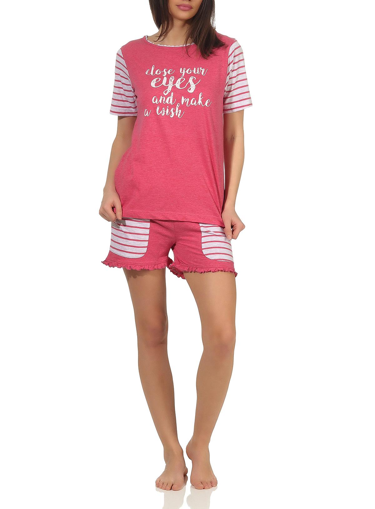Lässiger Damen Shorty Pyjama Schlafanzug kurzarm im College-Look mit Print und abgesetzten Ärmeln - 102 205 90 690 Lässiger Damen Shorty Pyjama kurzarm im College-Look mit Print und abgesetzten Ärmeln