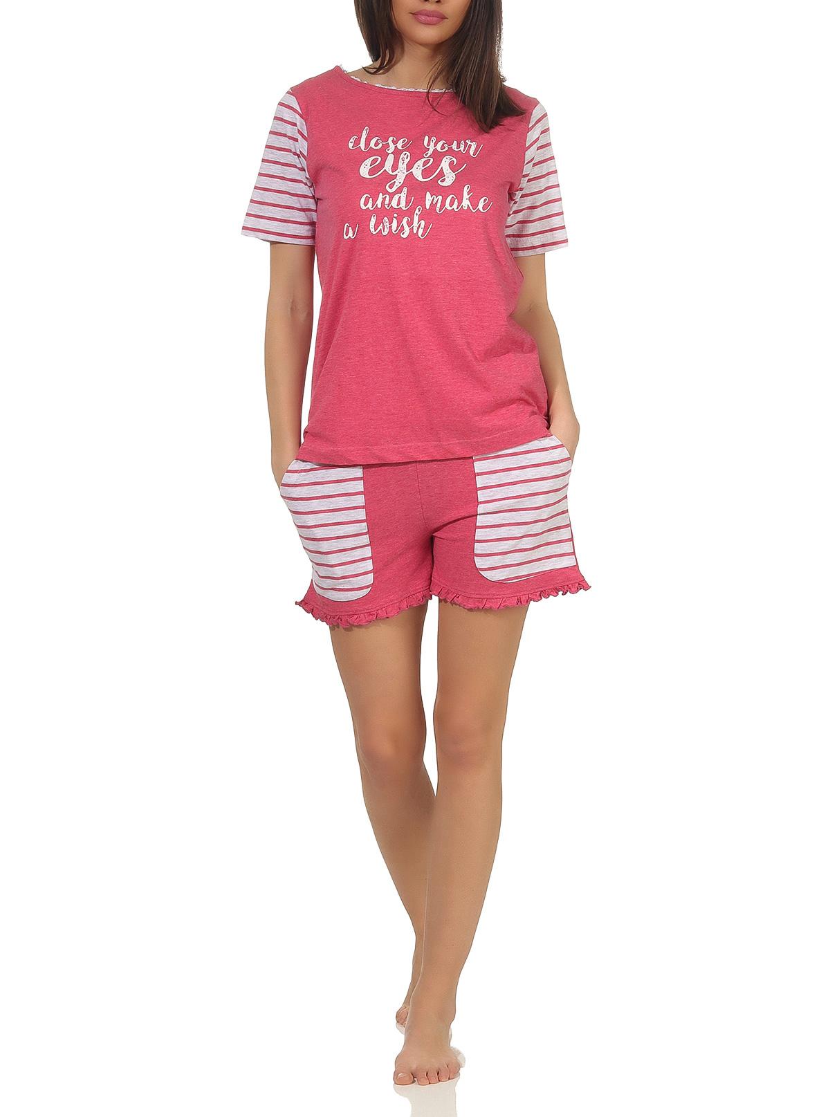 Lässiger Damen Shorty Pyjama kurzarm im College-Look mit Print und abgesetzten Ärmeln