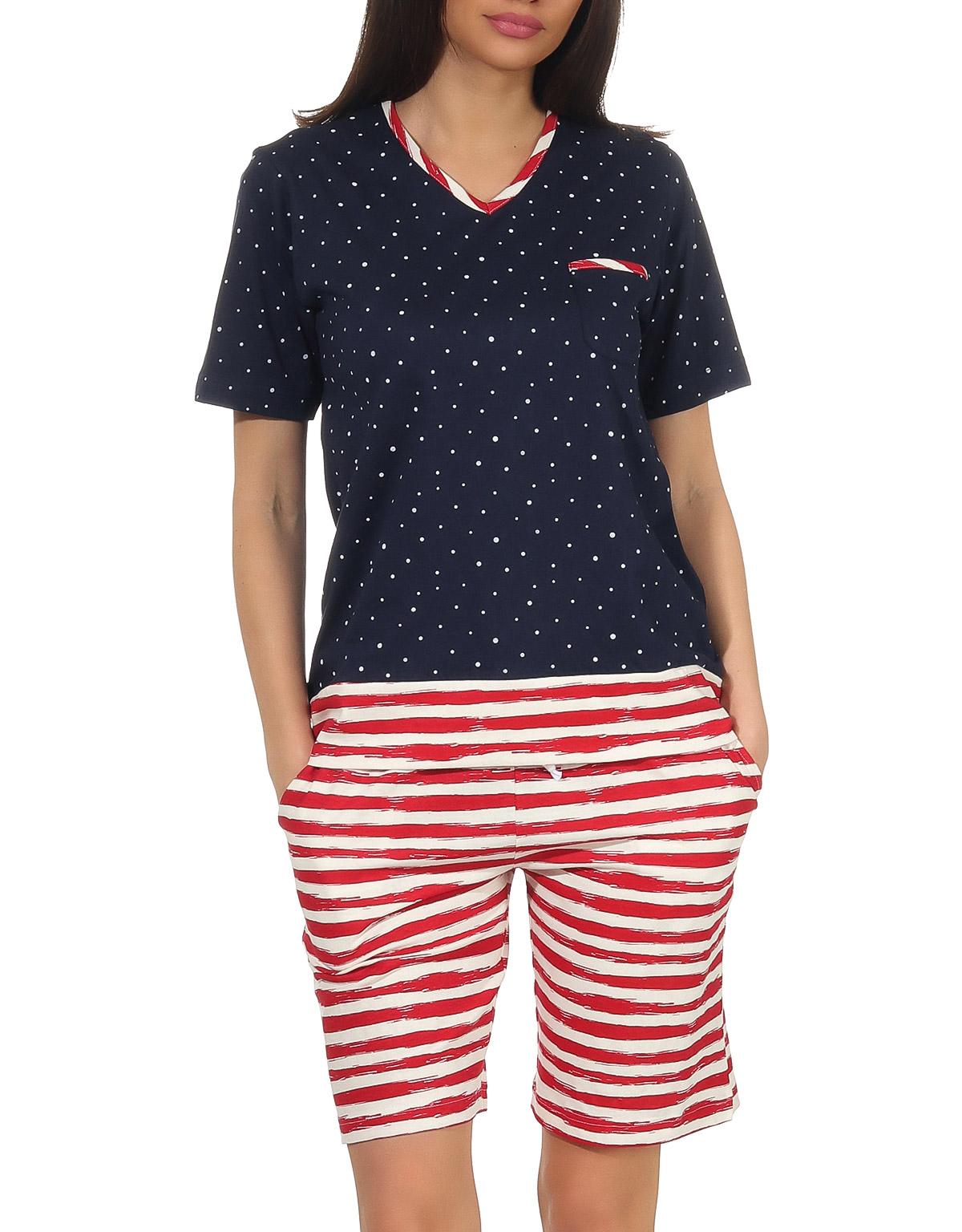 Maritimer Damen Shorty Schlafanzug kurzarm, Hose maritim gestreift, Top in Tupfen Look