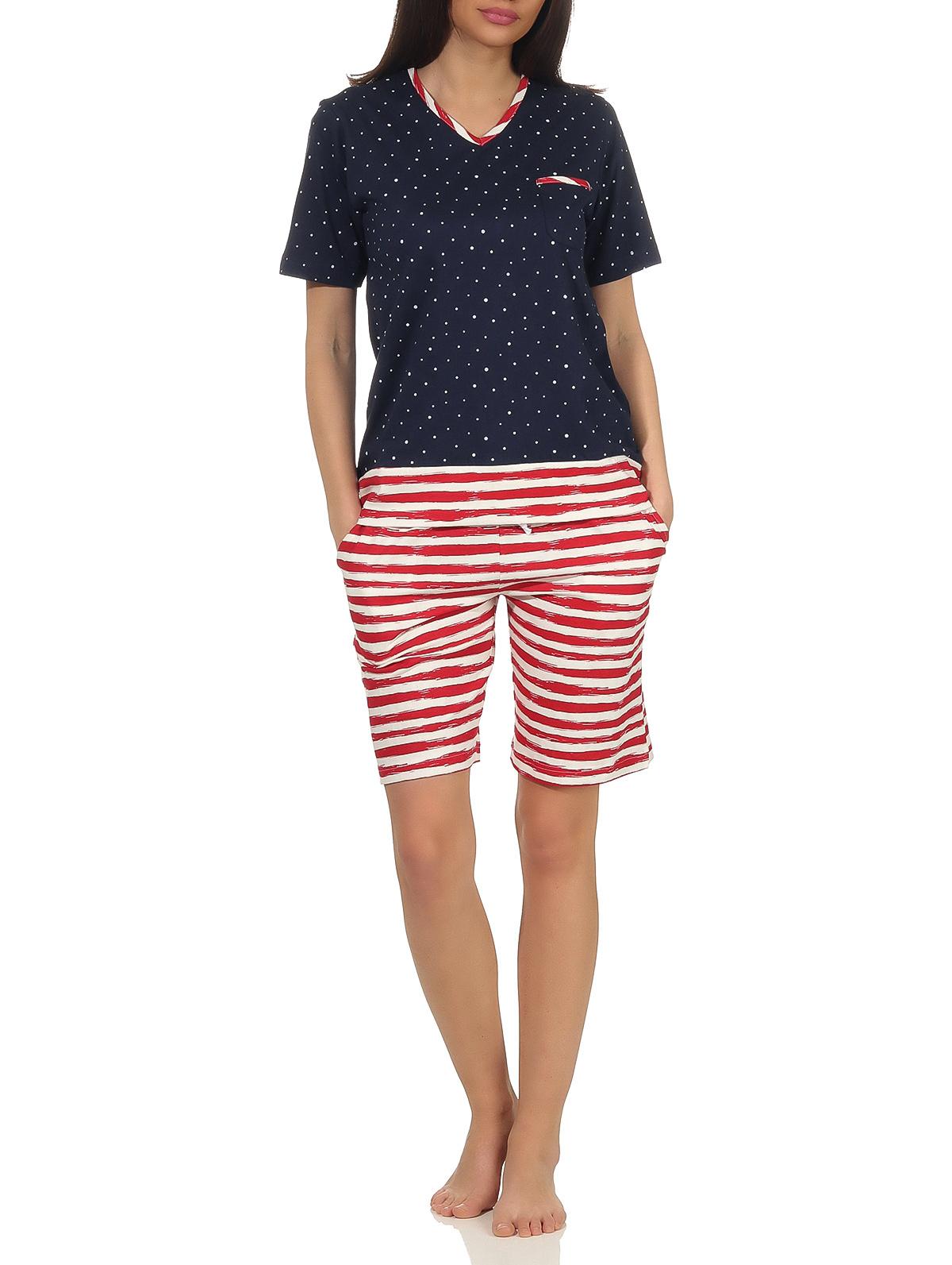 Maritimer Damen Shorty Schlafanzug kurzarm, Hose maritim gestreift, Top in Tupfen Look