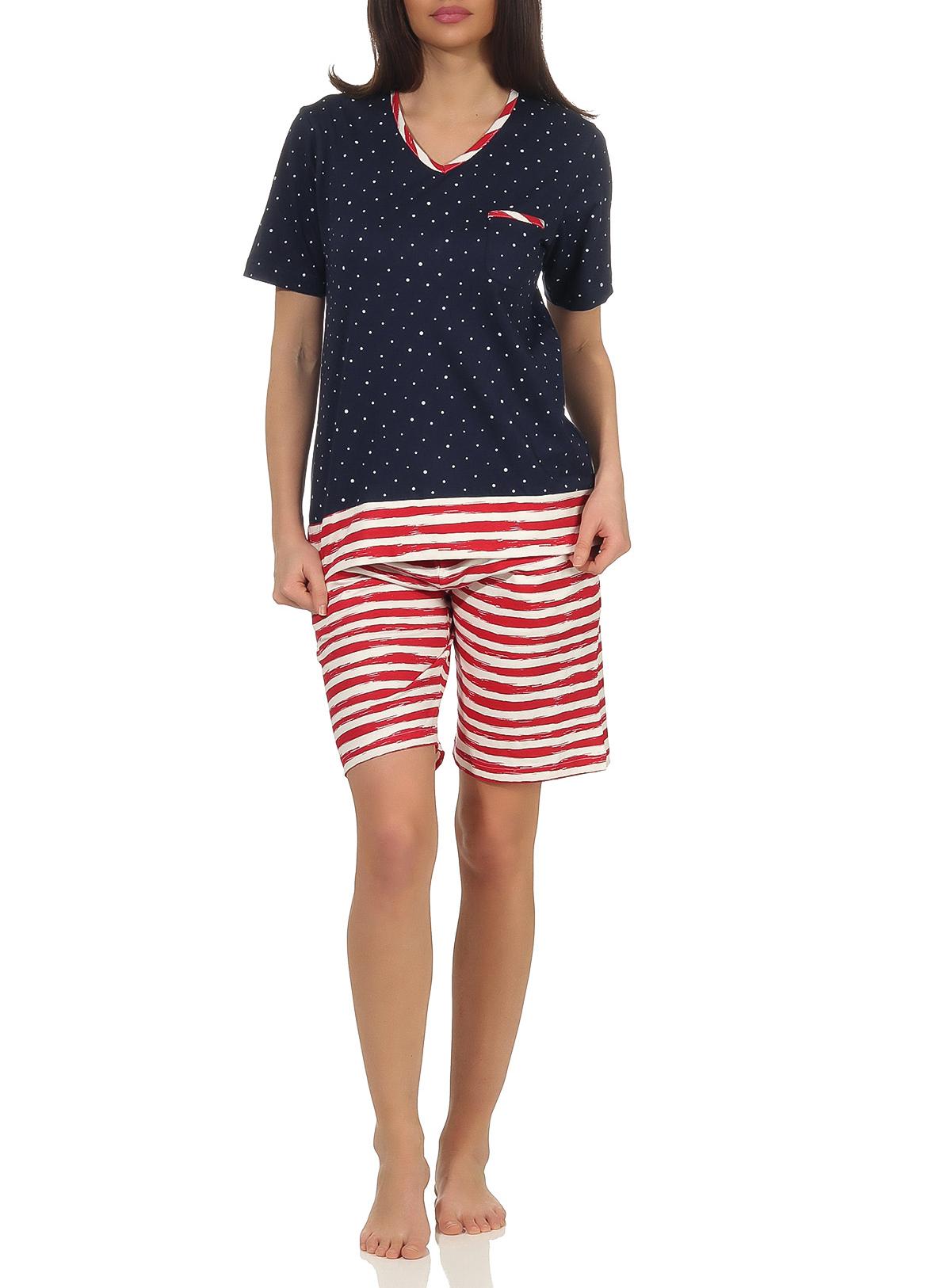 Maritimer Damen Shorty Schlafanzug kurzarm, Hose maritim gestreift, Top in Tupfen Look