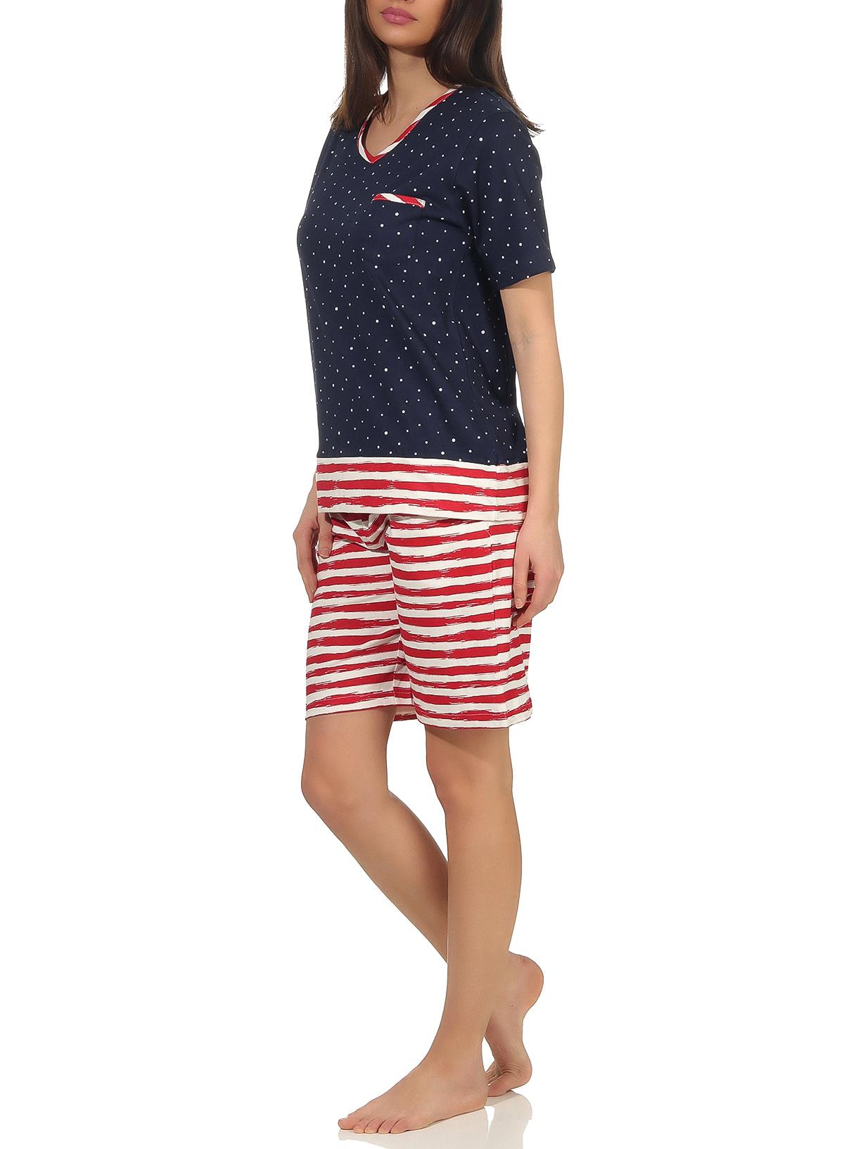Maritimer Damen Shorty Schlafanzug kurzarm, Hose maritim gestreift, Top in Tupfen Look