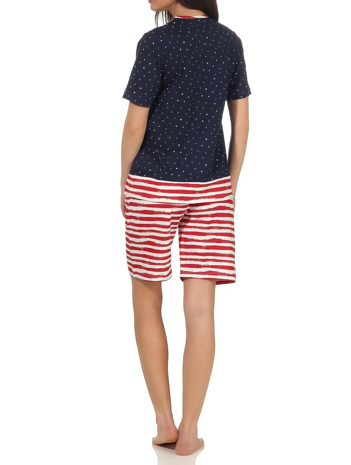Maritimer Damen Shorty Schlafanzug kurzarm, Hose maritim gestreift, Top in Tupfen Look