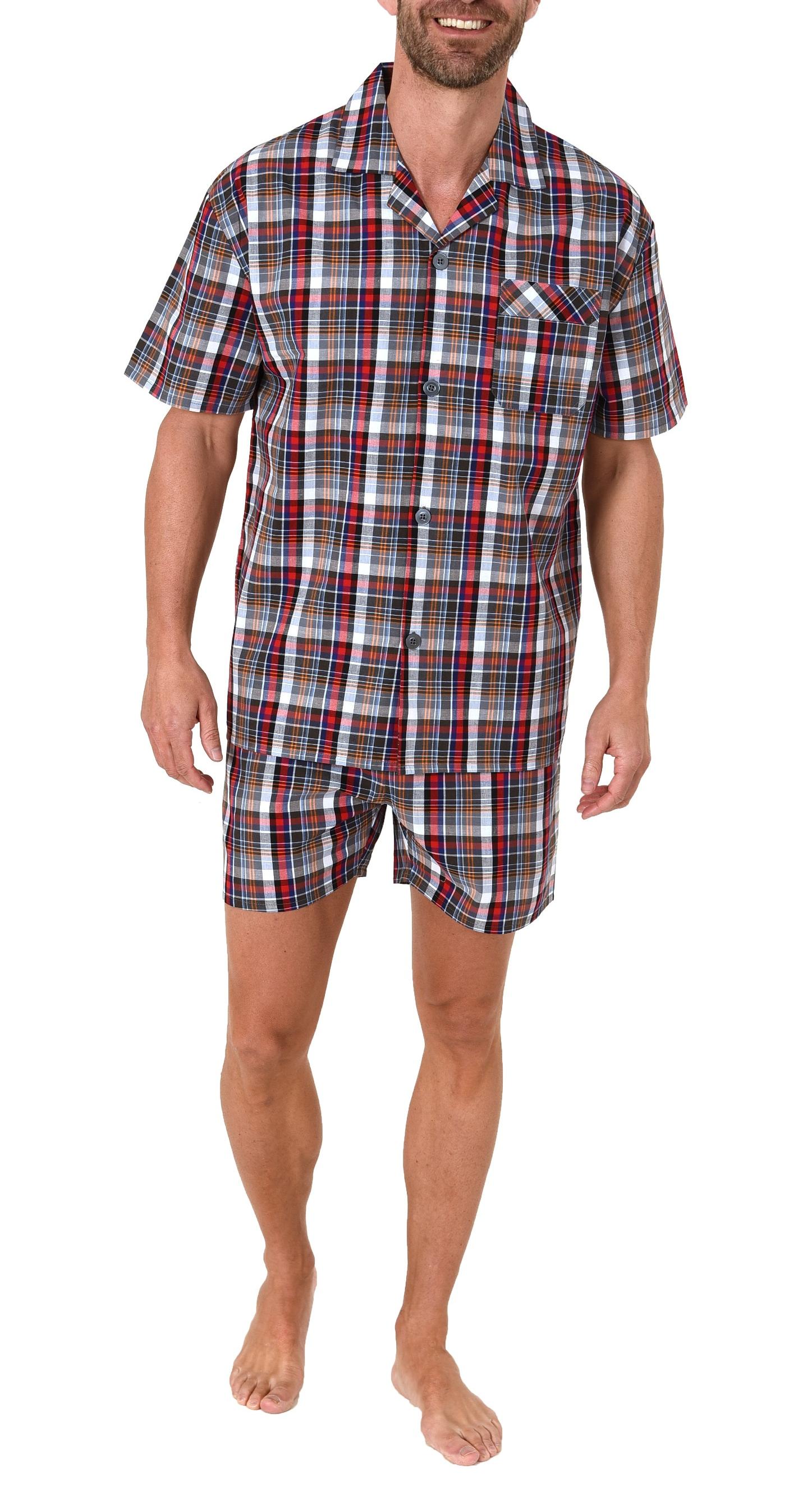 Edler Herren Pyjama Shorty kurzarm Schlafanzug gewebt zum Knöpfen im Karo Design - 65345