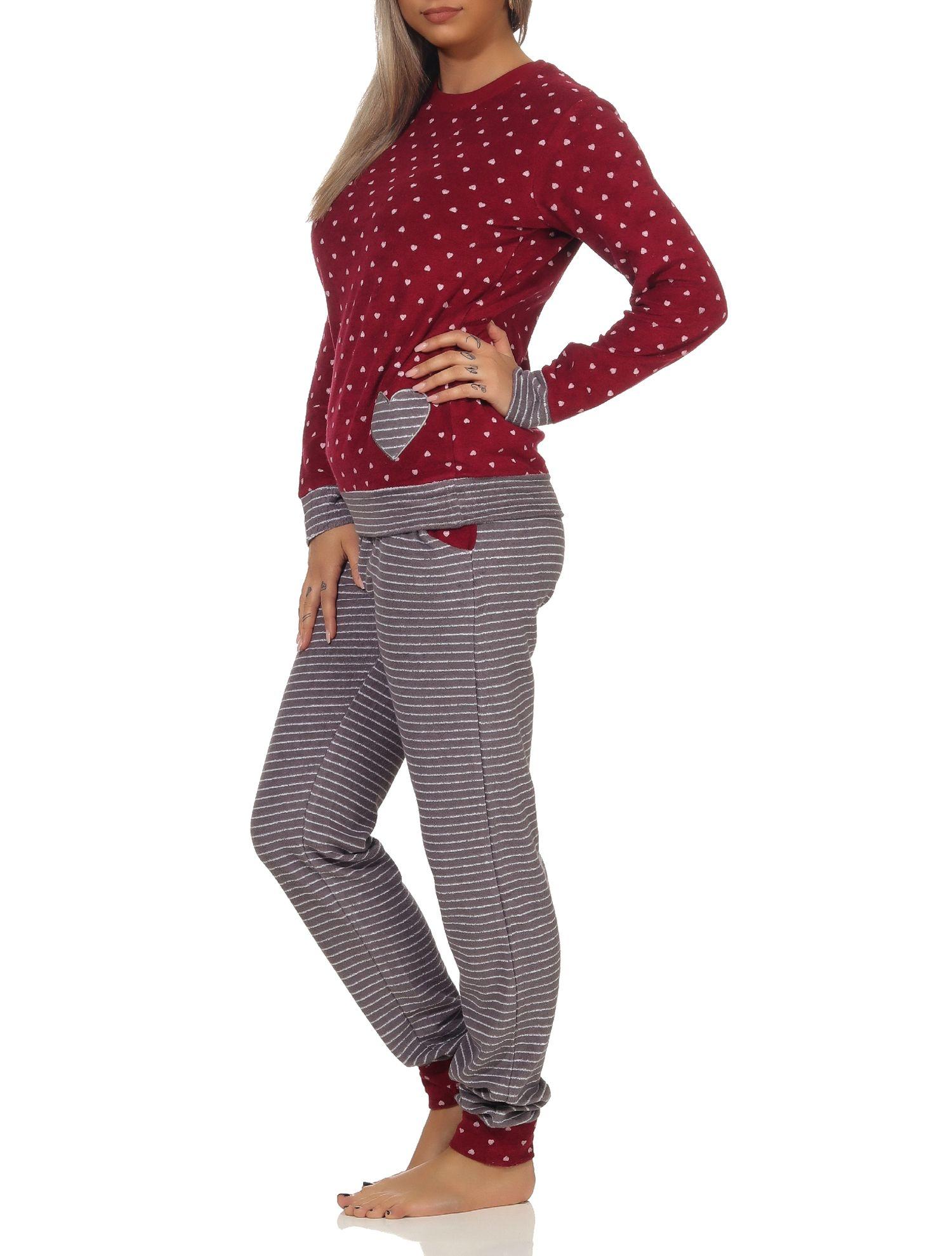 Damen Frottee Pyjama mit Bündchen im Herz Tupfen- und Ringeldesign  - auch in Übergrössen