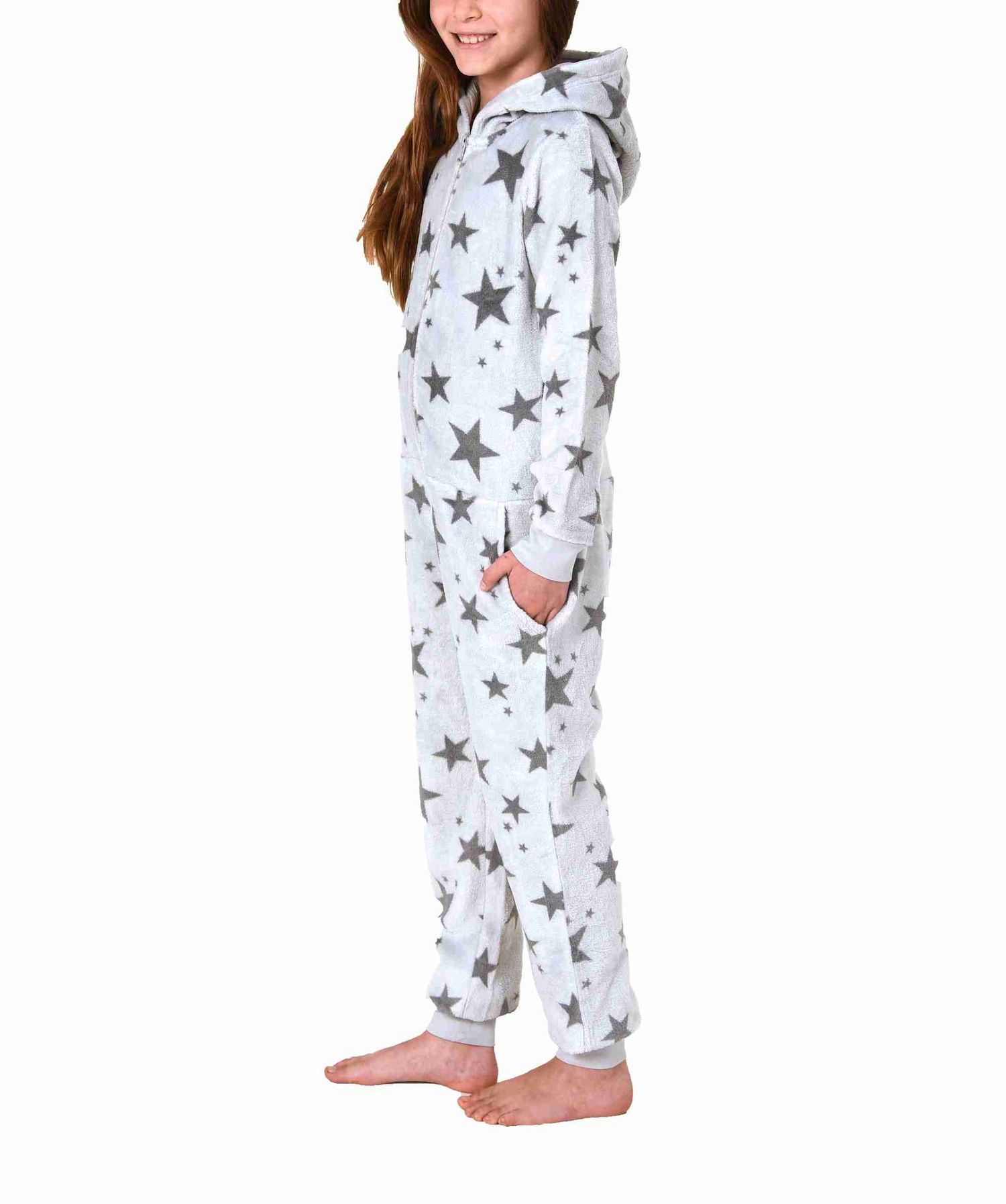 Damen Jumpsuit Overall mit Kapuze im Sternen Look aus Coralfleece - 202 267 961 Damen Jumpsuit Overall mit Kapuze im Sternen Look aus Coralfleece - 202 267 961