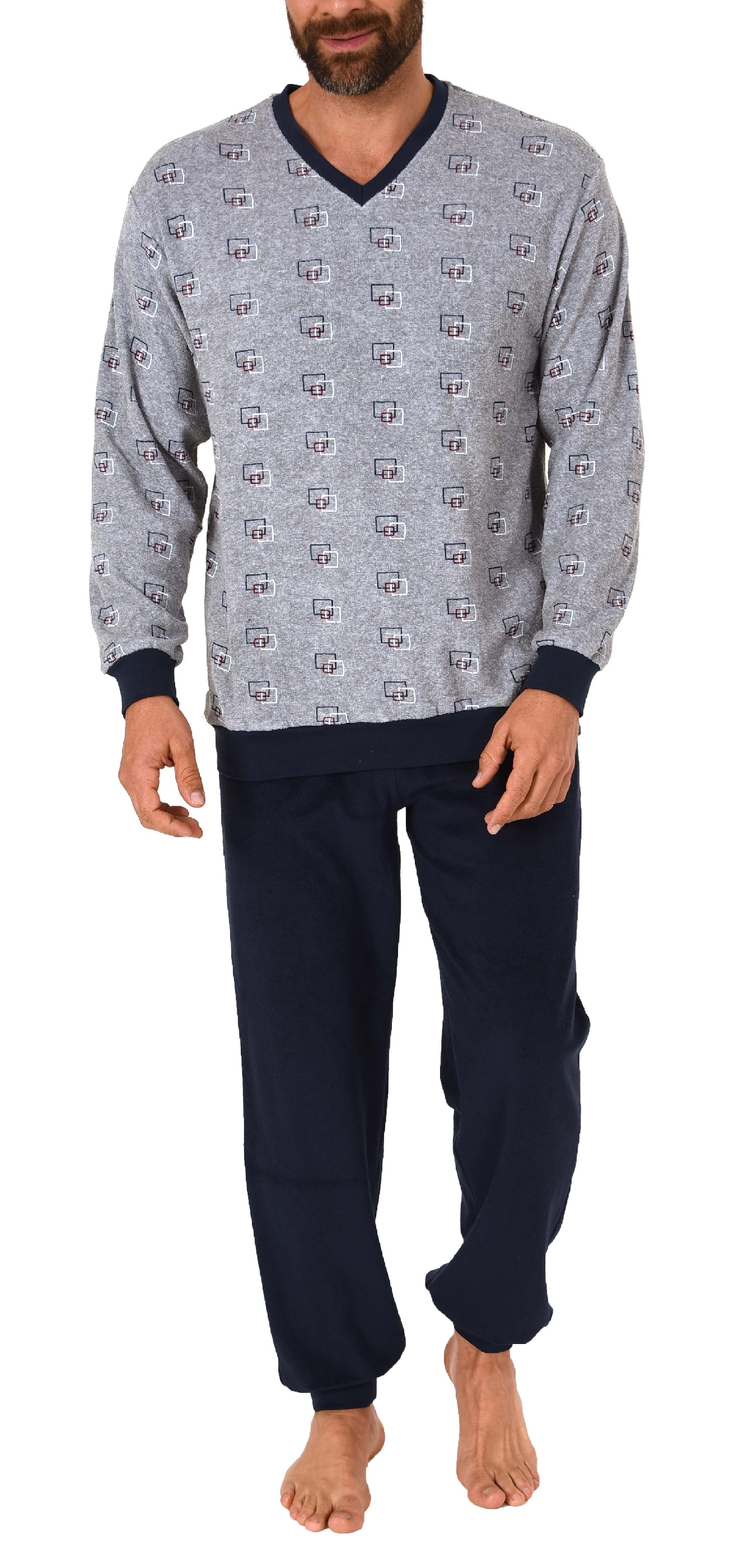 Herren Frottee Pyjama Schlafanzug lang mit Bündchen im edlen Minimalprint - 65399