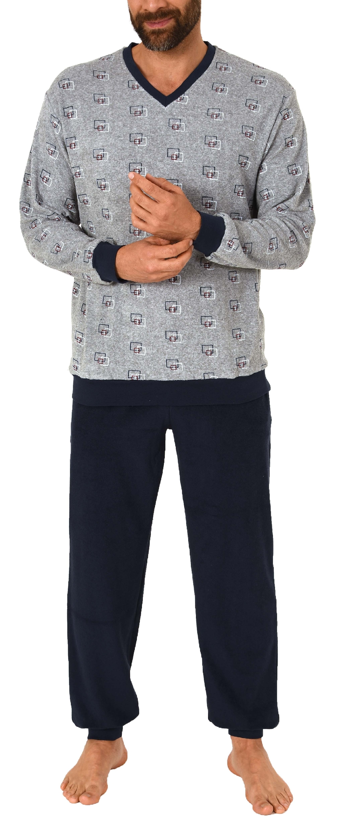 Herren Frottee Pyjama Schlafanzug lang mit Bündchen im edlen Minimalprint - 65399