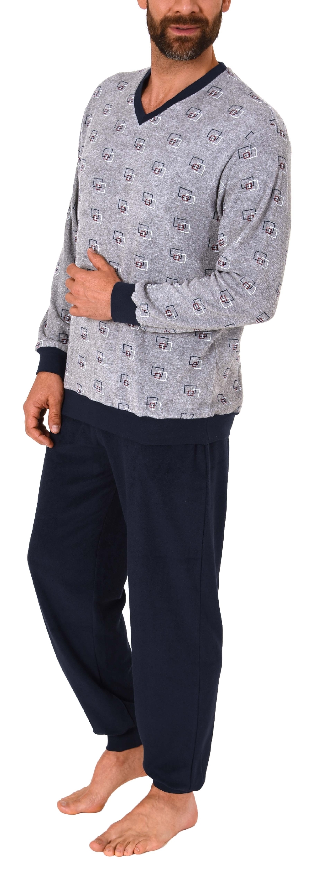 Herren Frottee Pyjama Schlafanzug lang mit Bündchen im edlen Minimalprint - 65399