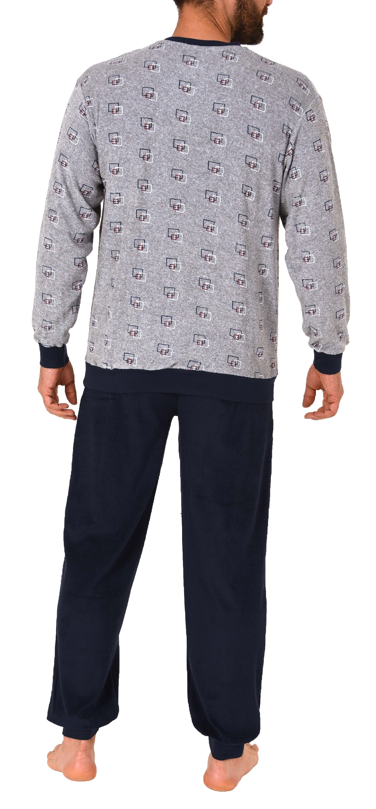 Herren Frottee Pyjama Schlafanzug lang mit Bündchen im edlen Minimalprint - 65399