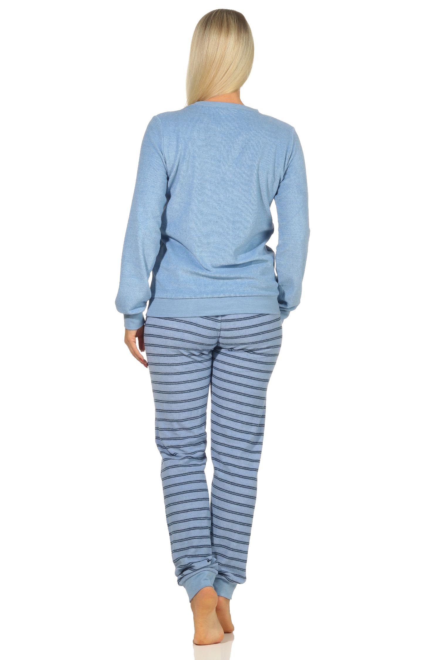 Damen Frottee Pyjama Schlafanzug mit Bündchen und niedlicher Mond Applikation - 212 201 13 800 Damen Frottee Pyjama mit Bündchen - Hose gestreift, Top mit Mond Applikation - 212 13 800