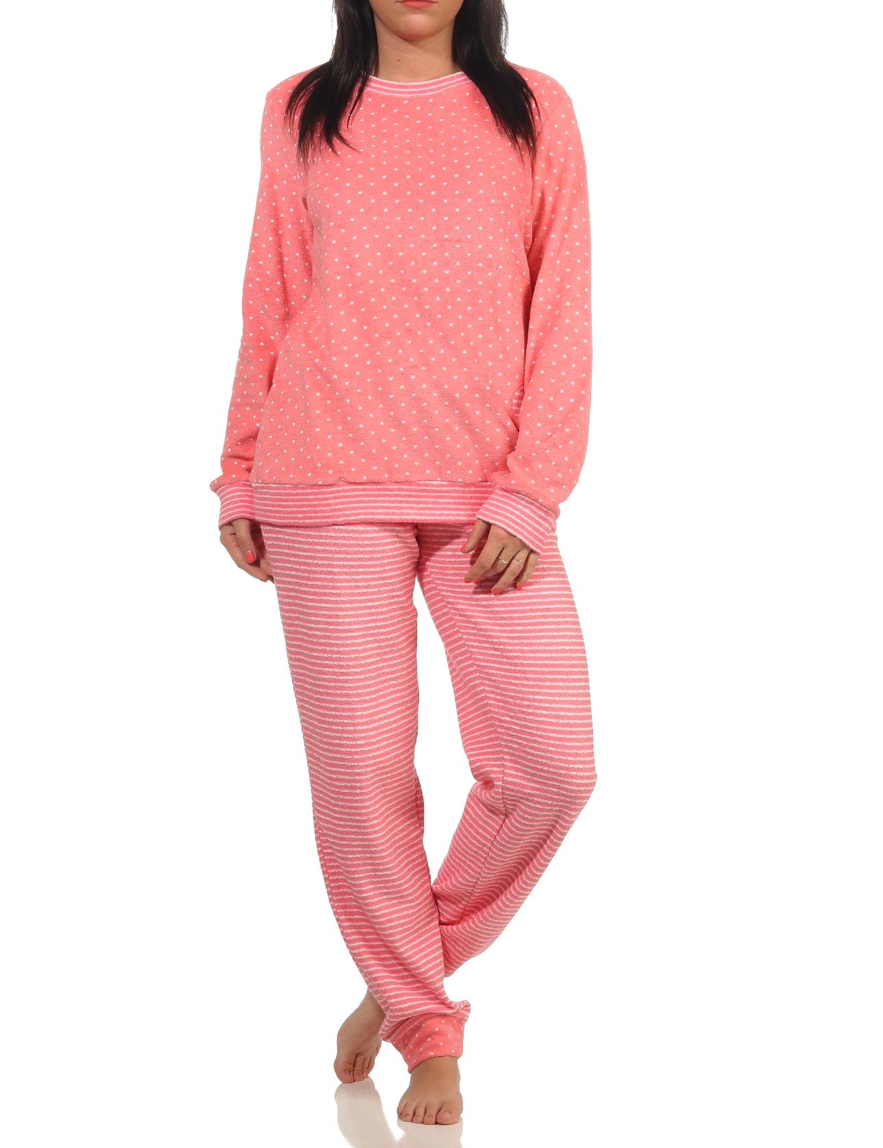 Damen Frottee Pyjama mit Bündchen in Herz-Tupfen Streifenoptik - auch in Übergrössen Damen Frottee Pyjama mit Bündchen in Herz-Tupfen Streifenoptik - auch in Übergrössen