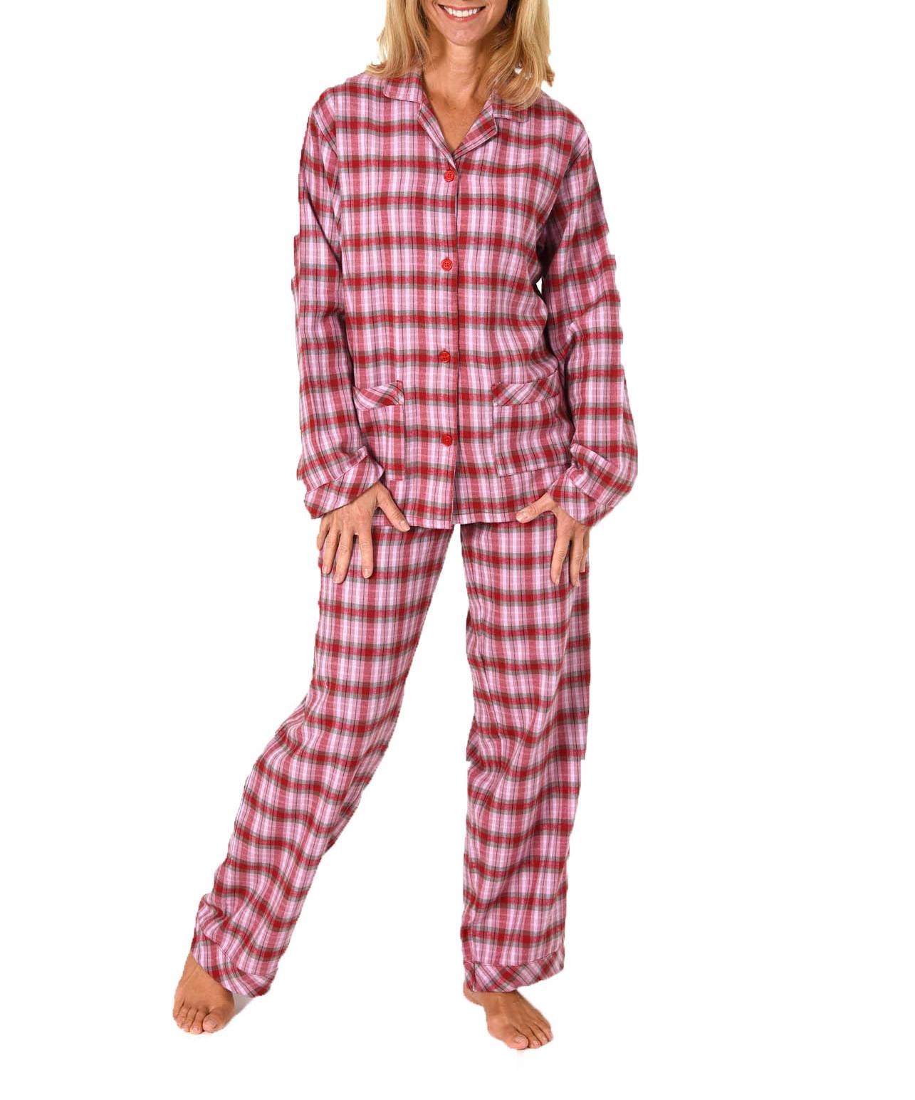 Damen Flanell Pyjama Schlafanzug in Karo Optik zum durchknöpfen - 281 201 15 531