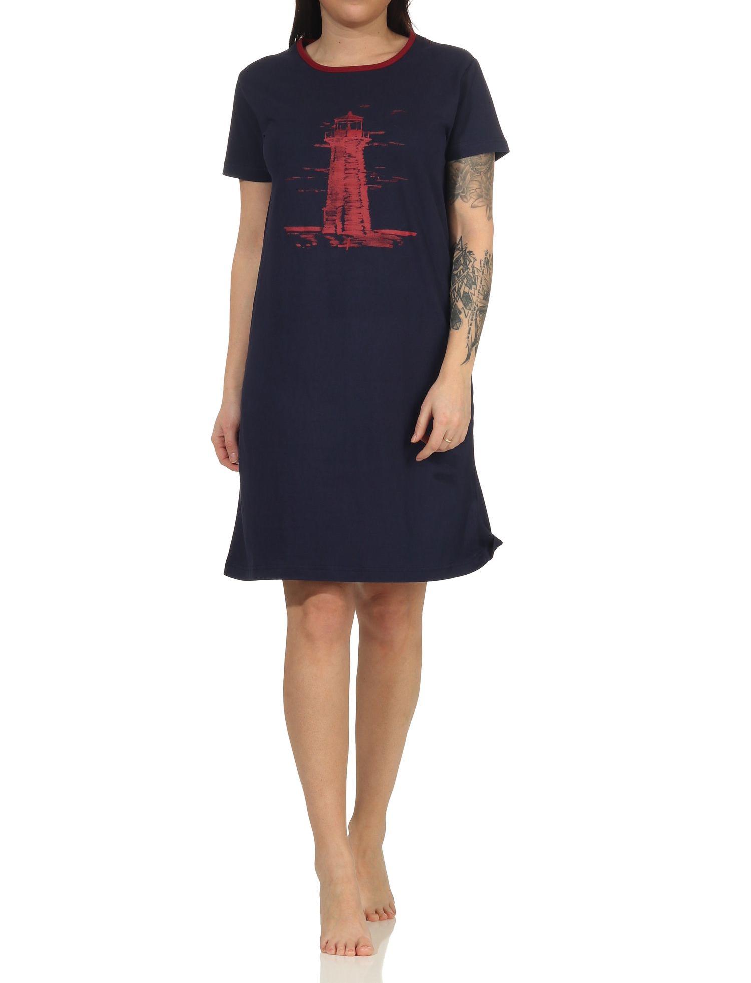 Damen Nachthemd kurzarm im maritimen Look und mit Leuchtturm als Motiv - 112 214 10 715 Damen Nachthemd kurzarm im maritimen Look und mit Leuchtturm als Motiv - 112 214 10 715