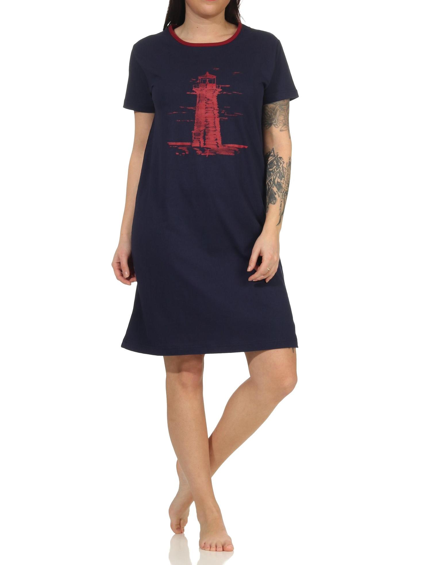 Damen Nachthemd kurzarm im maritimen Look und mit Leuchtturm als Motiv - 112 214 10 715 Damen Nachthemd kurzarm im maritimen Look und mit Leuchtturm als Motiv - 112 214 10 715