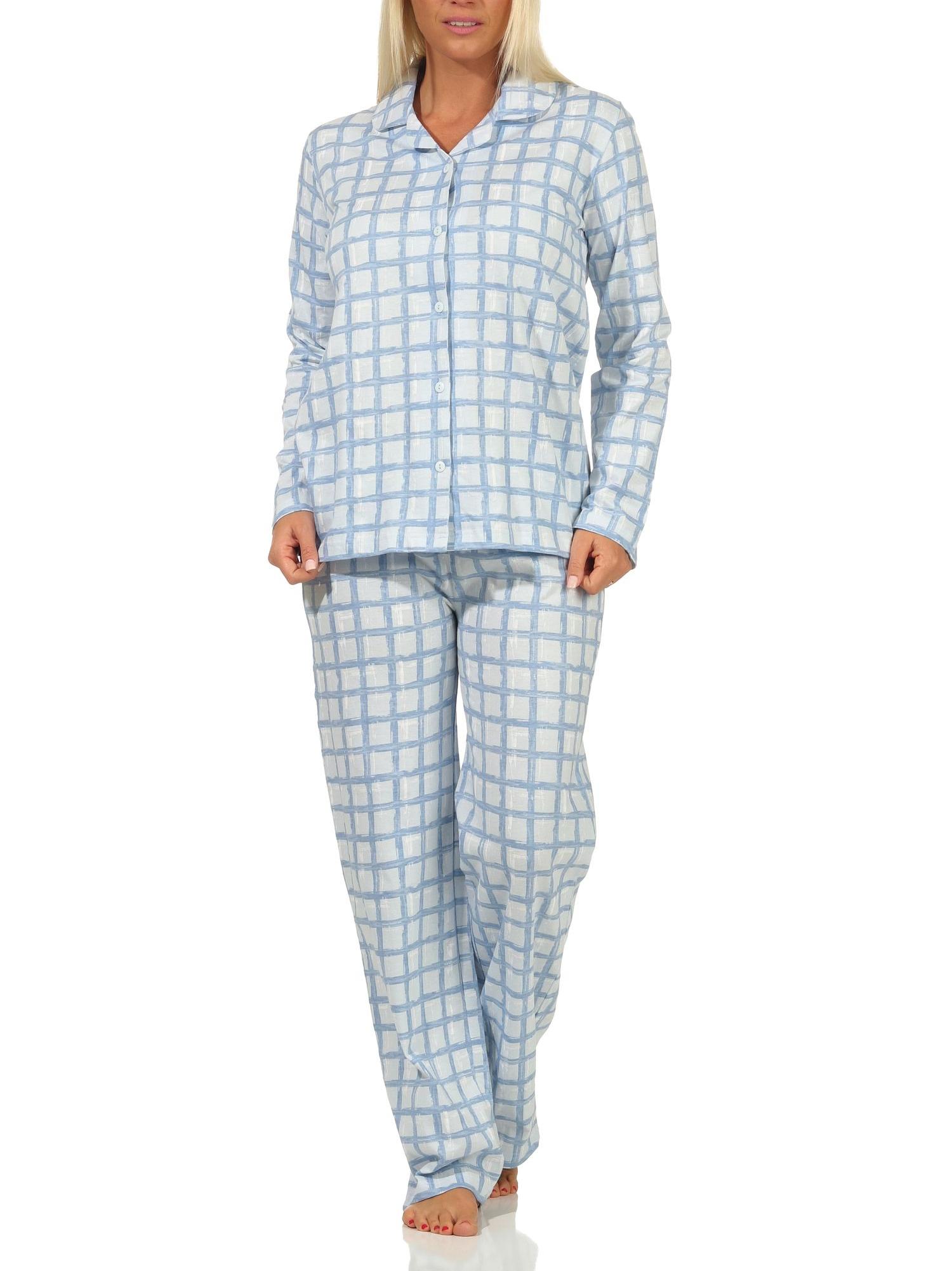 Damen Pyjama aus Jersey zum durchknöpfen in Karo Optik – auch in Übergrössen erhältlich
