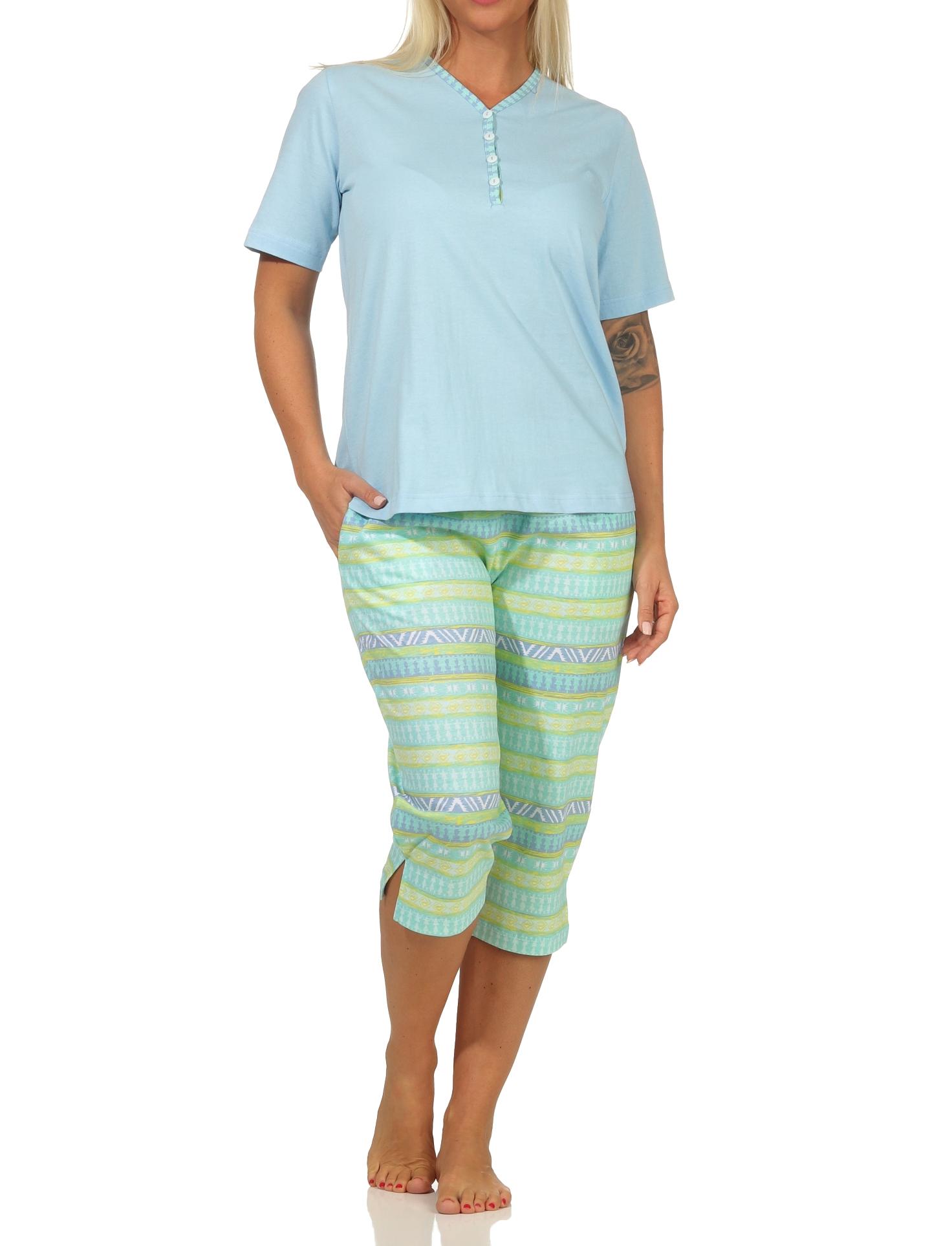 Damen Schlafanzug kurzarm Pyjama mit Capri-Hose im Ethnolook – auch in Übergrössen Damen Schlafanzug kurzarm Pyjama mit Capri-Hose im Ethnolook – auch in Übergrössen