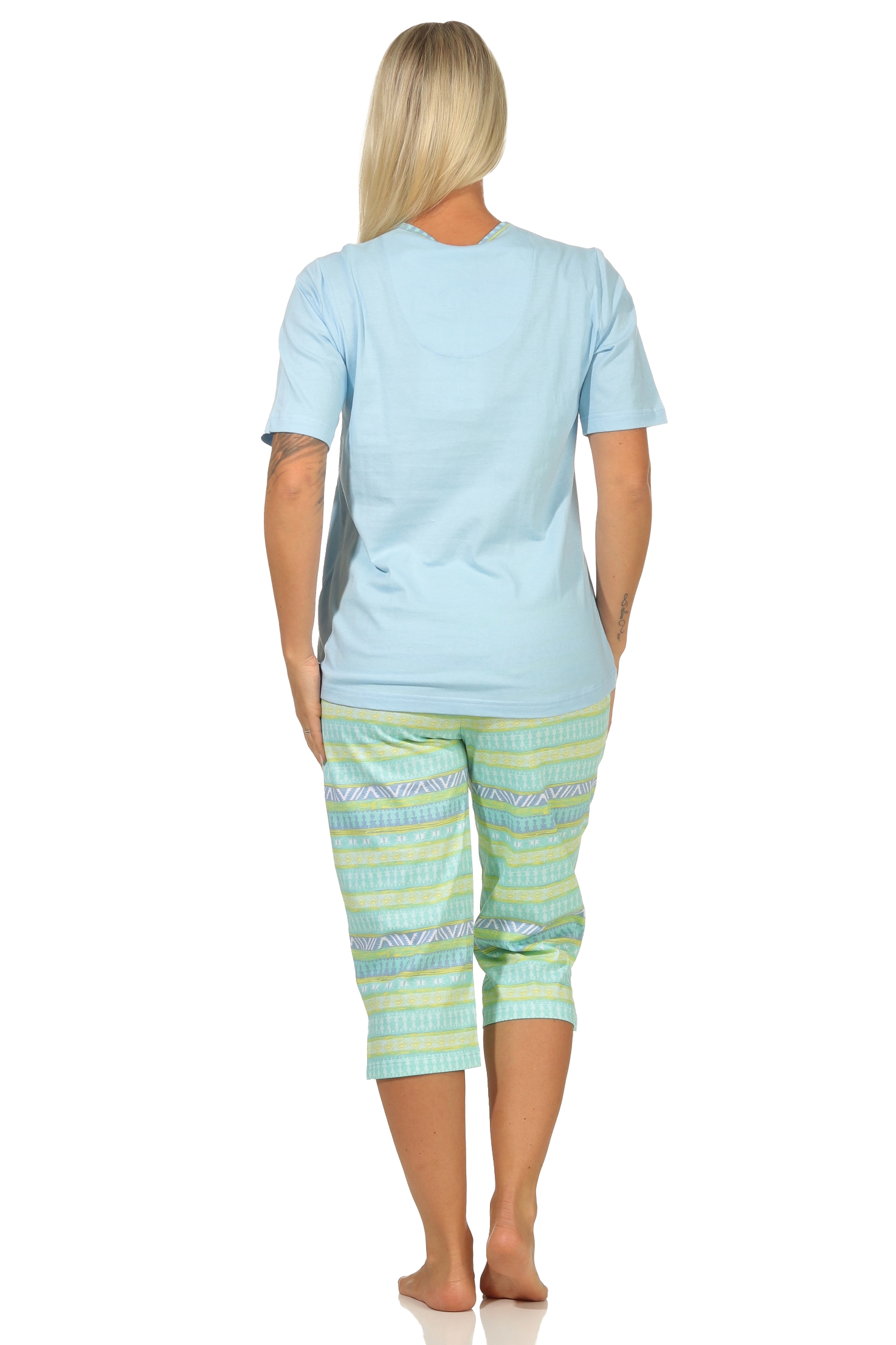 Damen Schlafanzug kurzarm Pyjama mit Capri-Hose im Ethnolook – auch in Übergrössen