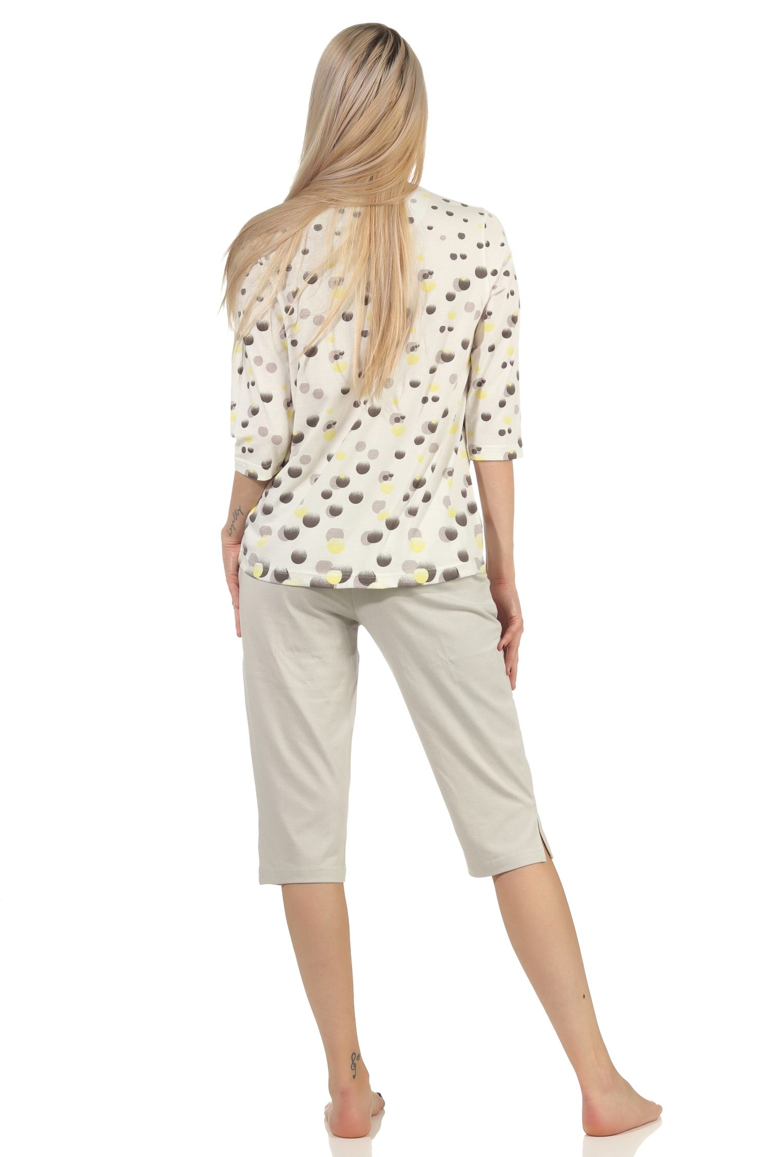 Damen kurzarm Pyjama mit Caprihose in toller Tupfen–Punkte Optik - auch in Übergrössen