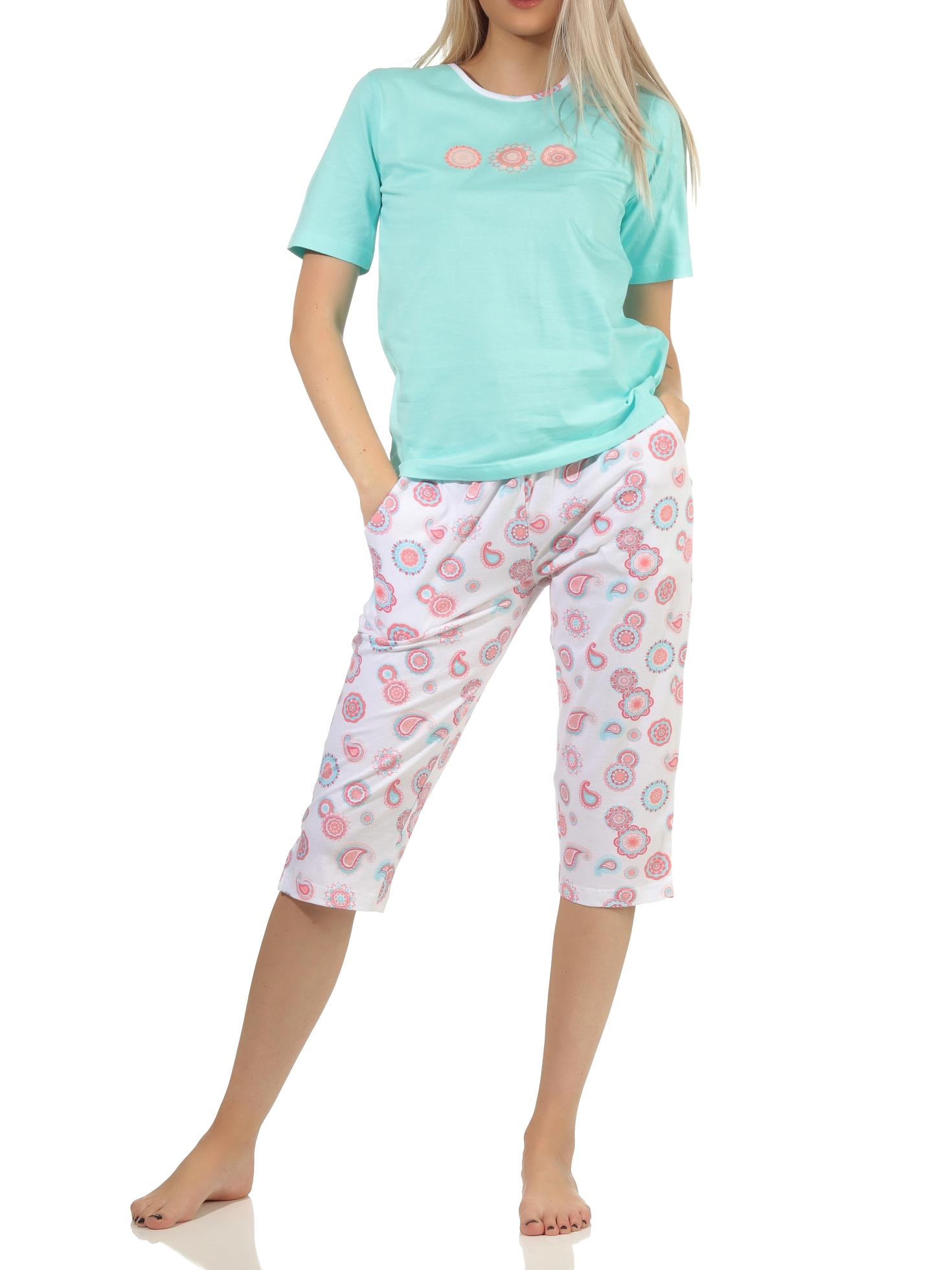 Toller Damen Capri kurzarm Pyjama Schlafanzug in tollem Design, Hose floraler Print