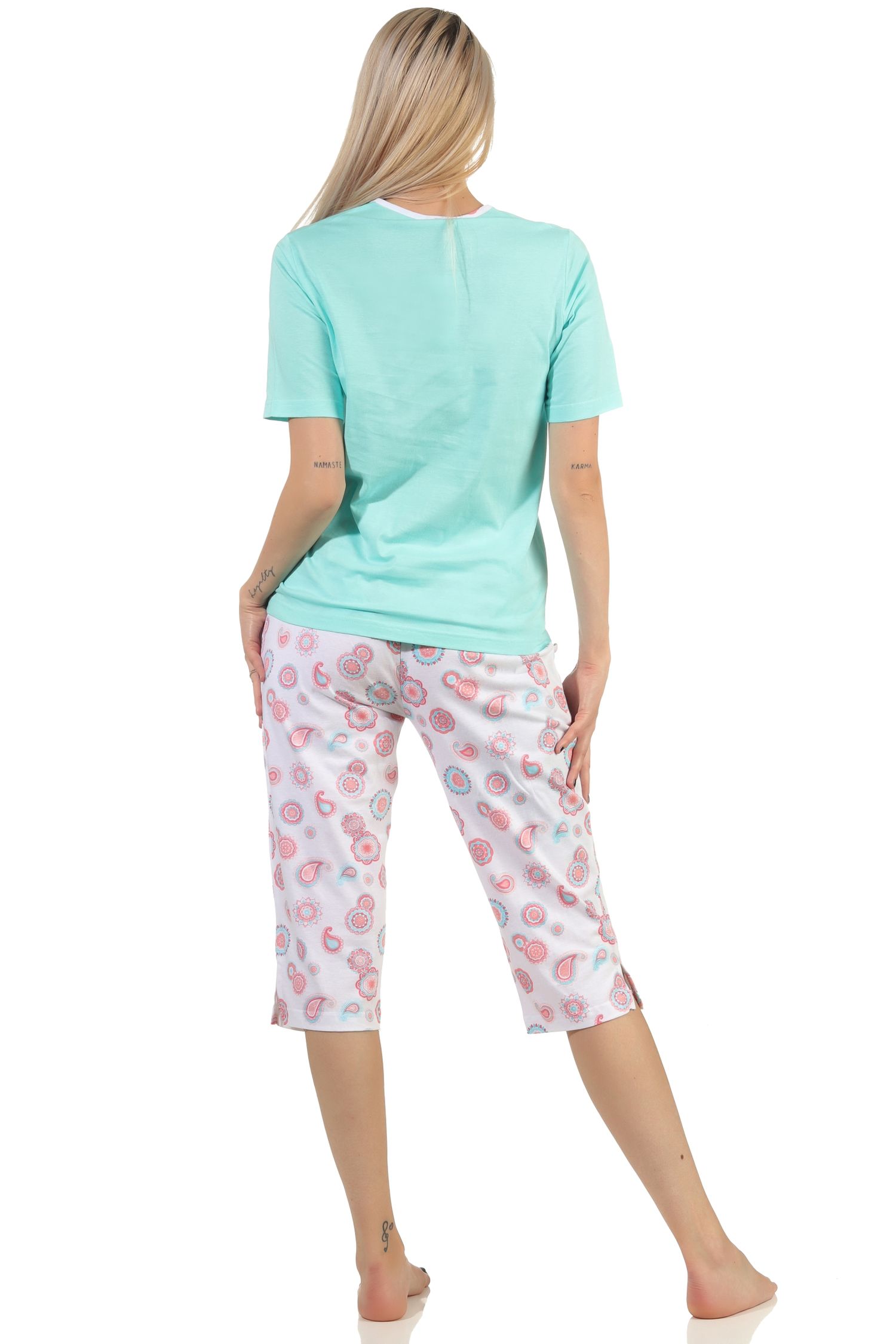 Toller Damen Capri kurzarm Pyjama Schlafanzug in tollem Design, Hose floraler Print