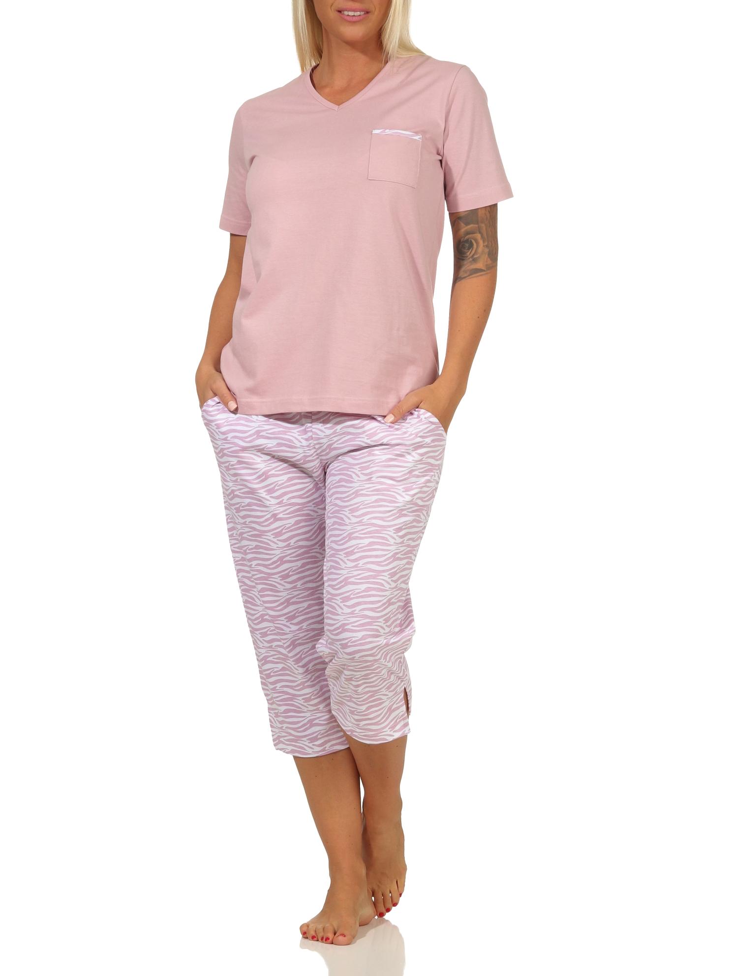 Lässiger Damen kurzarm Pyjama, Capri-Pyjamahose im eleganten Zebra-Muster – 112 204 90 444
