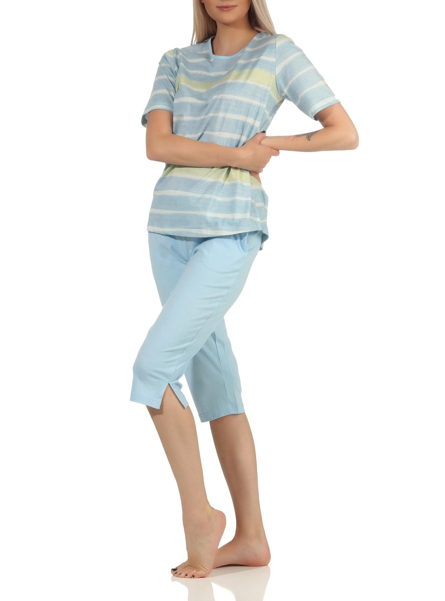 Damen Capri Schlafanzug kurzarm Pyjama im farbenfrohen Streifen Look – 112 204 90 464 Damen Capri Schlafanzug kurzarm Pyjama im farbenfrohen Streifen Look – 112 204 90 464