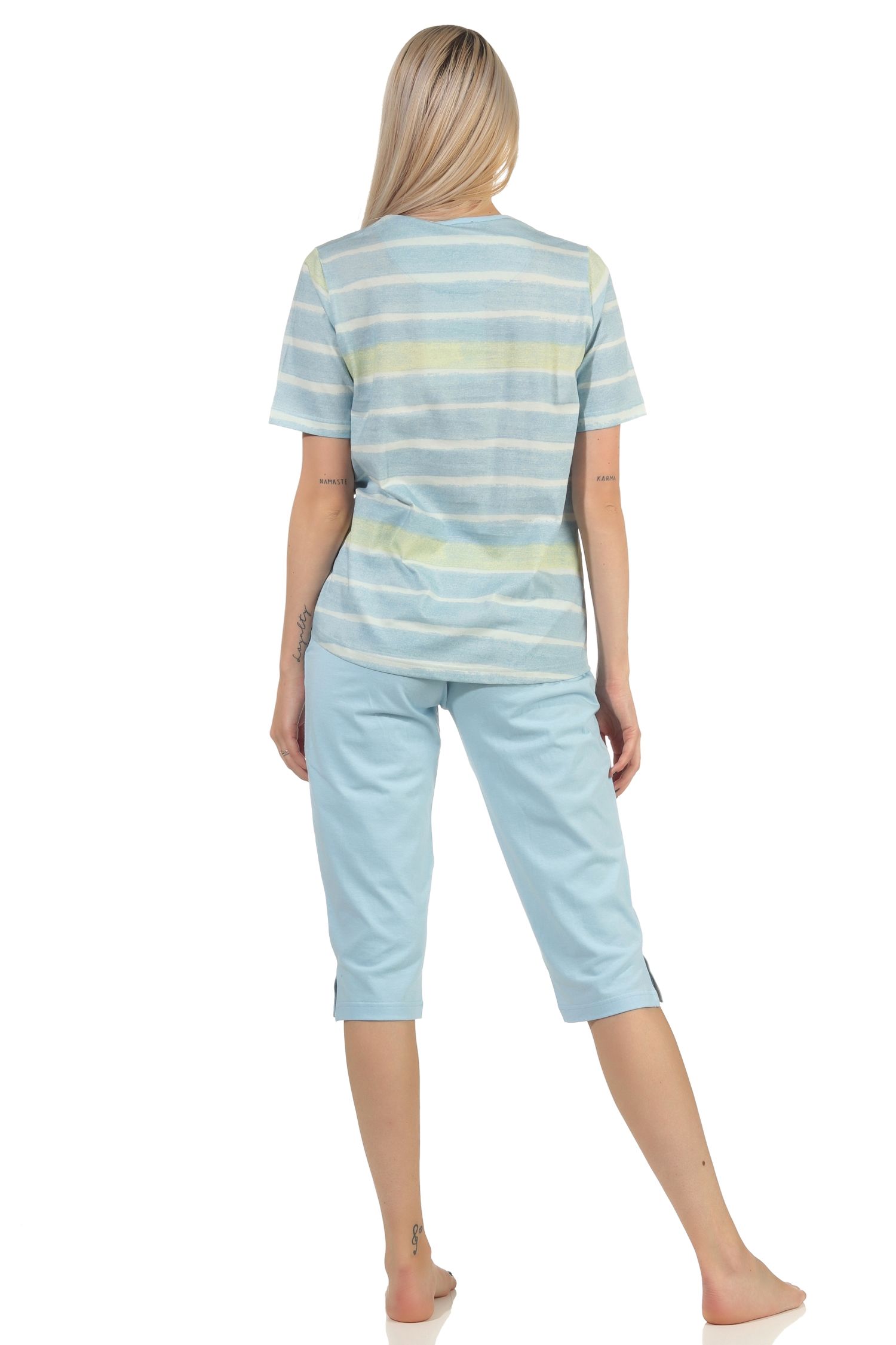 Damen Capri Schlafanzug kurzarm Pyjama im farbenfrohen Streifen Look – 112 204 90 464