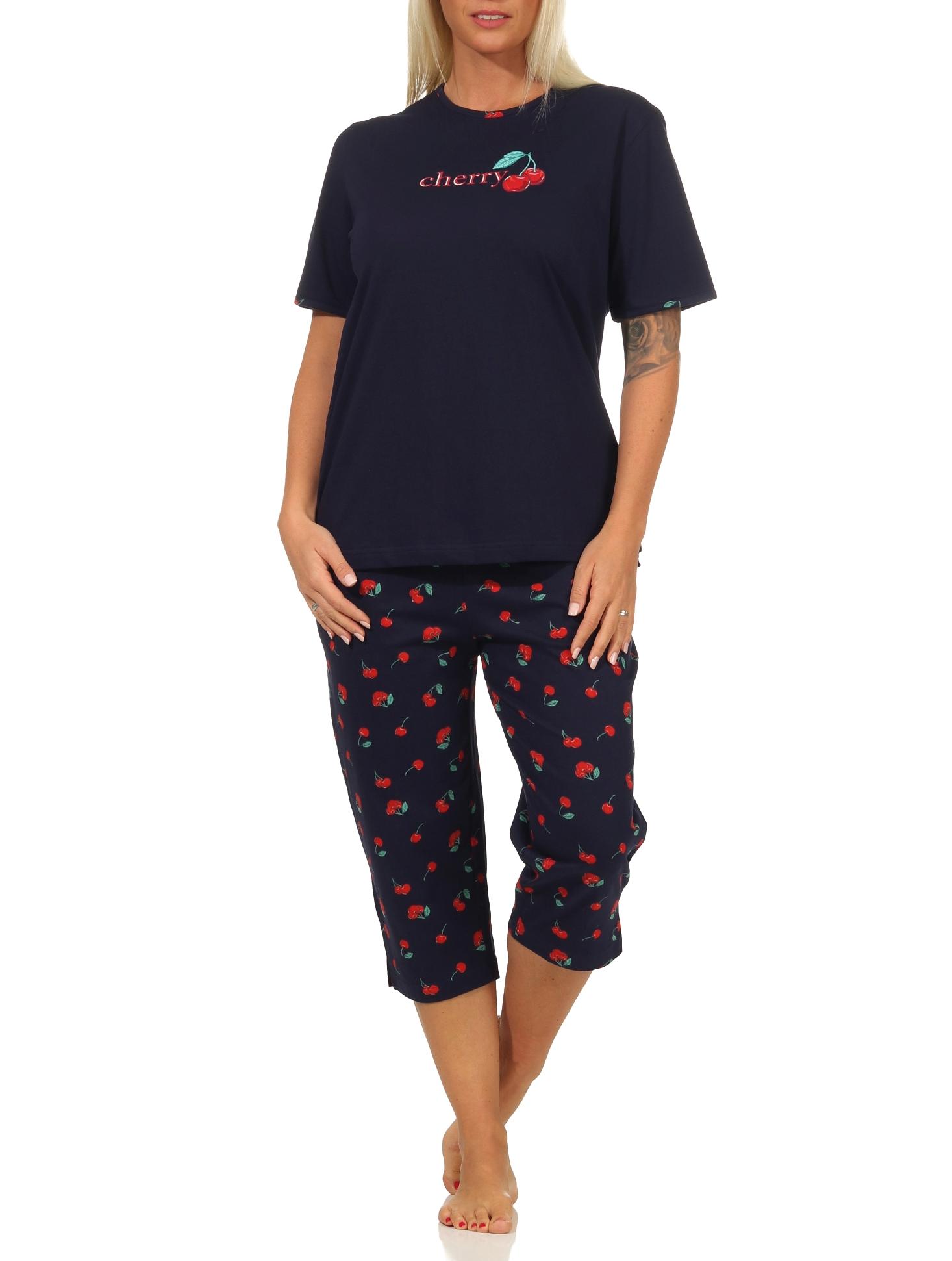 Süsser Damen Capri Schlafanzug kurzarm Pyjama mit Kirschen als Motiv – 112 204 90 535