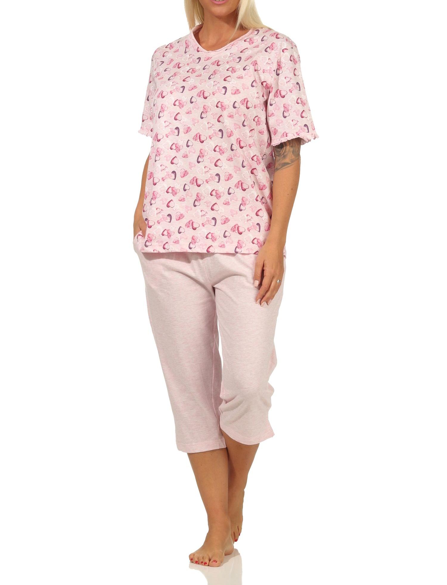Damen Capri Pyjama kurzarm mit Herzen als Motiv in Melange-Optik - auch in Übergrössen Damen Capri Pyjama kurzarm mit Herzen als Motiv in Melange-Optik - auch in Übergrössen