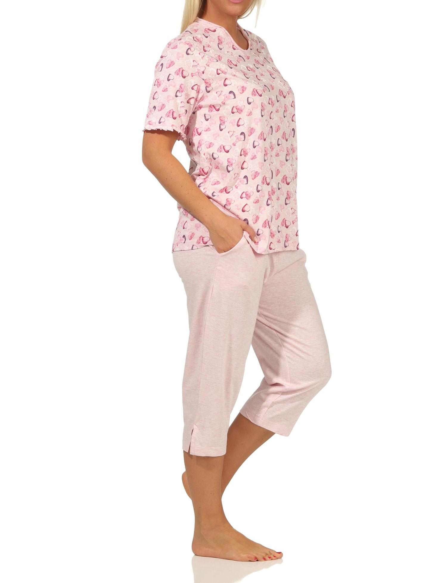 Damen Capri Pyjama kurzarm mit Herzen als Motiv in Melange-Optik - auch in Übergrössen Damen Capri Pyjama kurzarm mit Herzen als Motiv in Melange-Optik - auch in Übergrössen