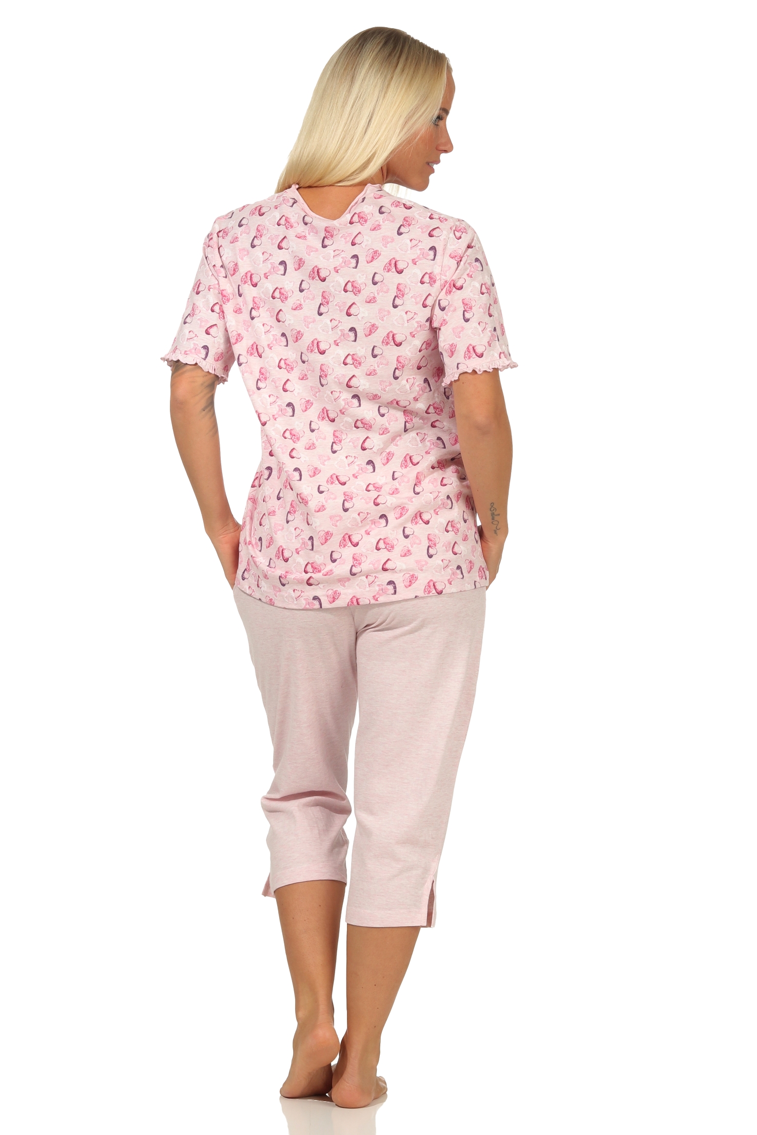 Damen Capri Pyjama kurzarm mit Herzen als Motiv in Melange-Optik - auch in Übergrössen