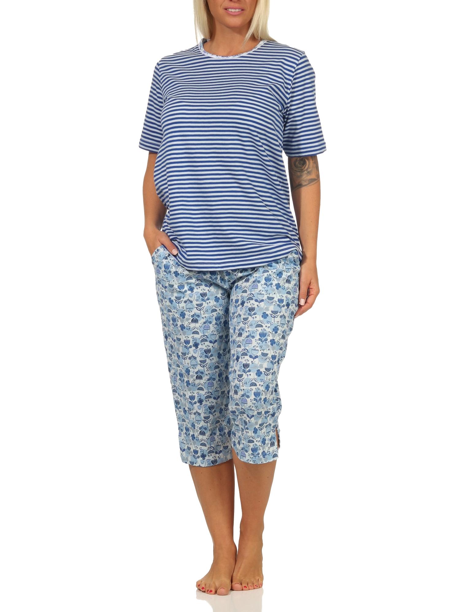 Eleganter Damen Capri Pyjama Schlafanzug kurzarm mit Spitzenbesatz – auch in Übergrössen