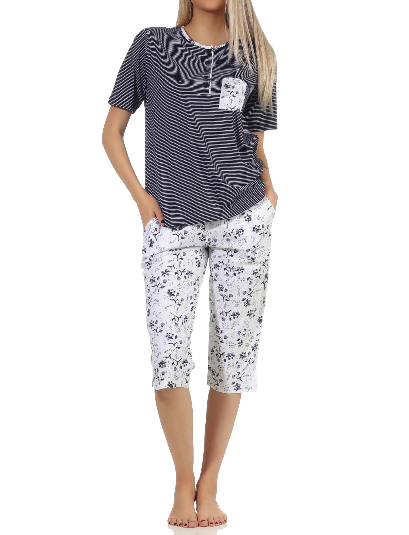 Normann Damen Capri Schlafanzug kurzarm Pyjama, Oberteil gestreift, Hose Blümchenmuster Normann Damen Capri Schlafanzug kurzarm Pyjama, Oberteil gestreift, Hose Blümchenmuster