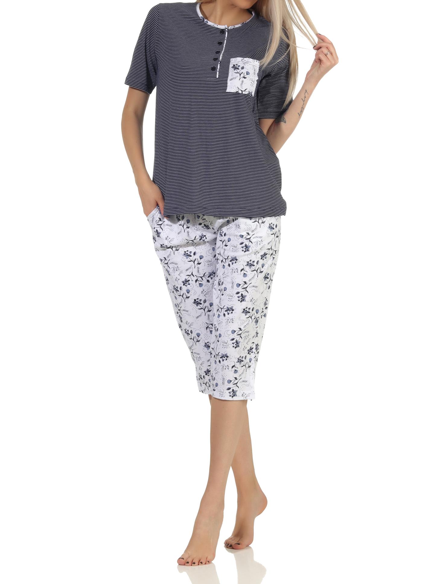 Normann Damen Capri Schlafanzug kurzarm Pyjama, Oberteil gestreift, Hose Blümchenmuster Normann Damen Capri Schlafanzug kurzarm Pyjama, Oberteil gestreift, Hose Blümchenmuster