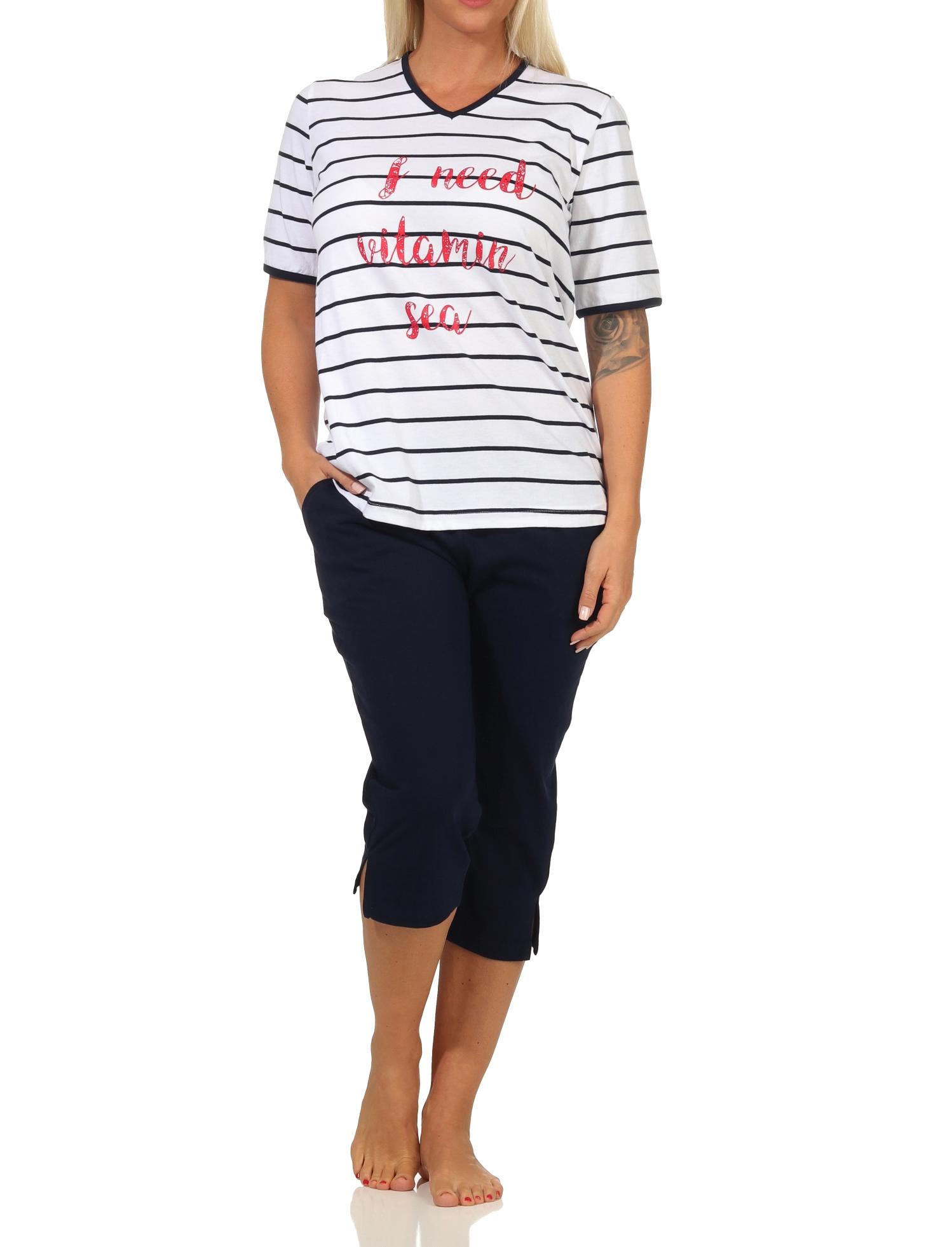 Damen Capri kurzarm Pyjama in maritimer Streifenoptik – auch in Übergrössen erhältlich Damen Capri kurzarm Pyjama in maritimer Streifenoptik – auch in Übergrössen erhältlich