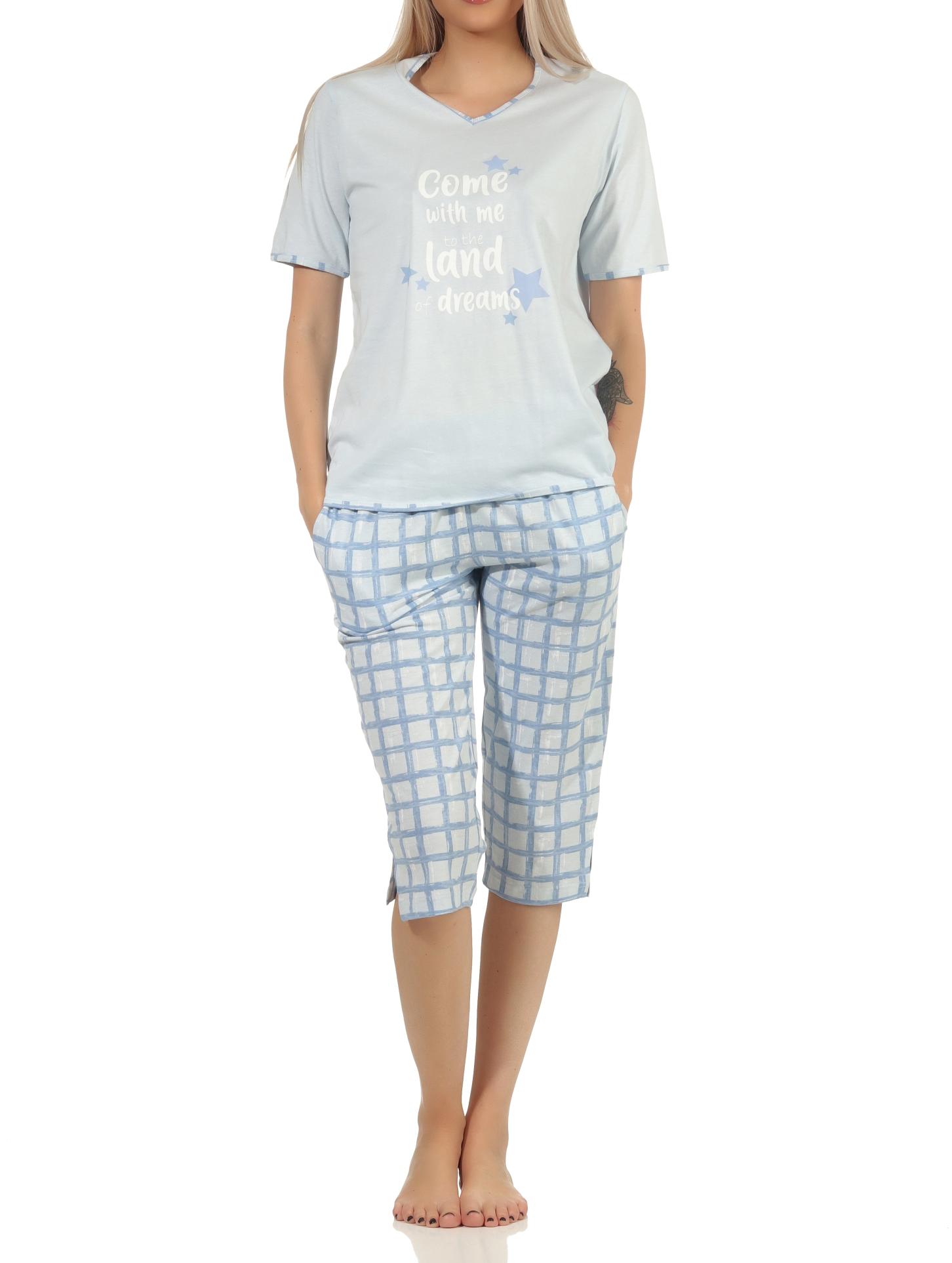 Damen kurzarm Capri Pyjama mit karierter Jersey Hose – auch in Übergrössen erhältlich Damen kurzarm Capri Pyjama mit karierter Jersey Hose – auch in Übergrössen erhältlich
