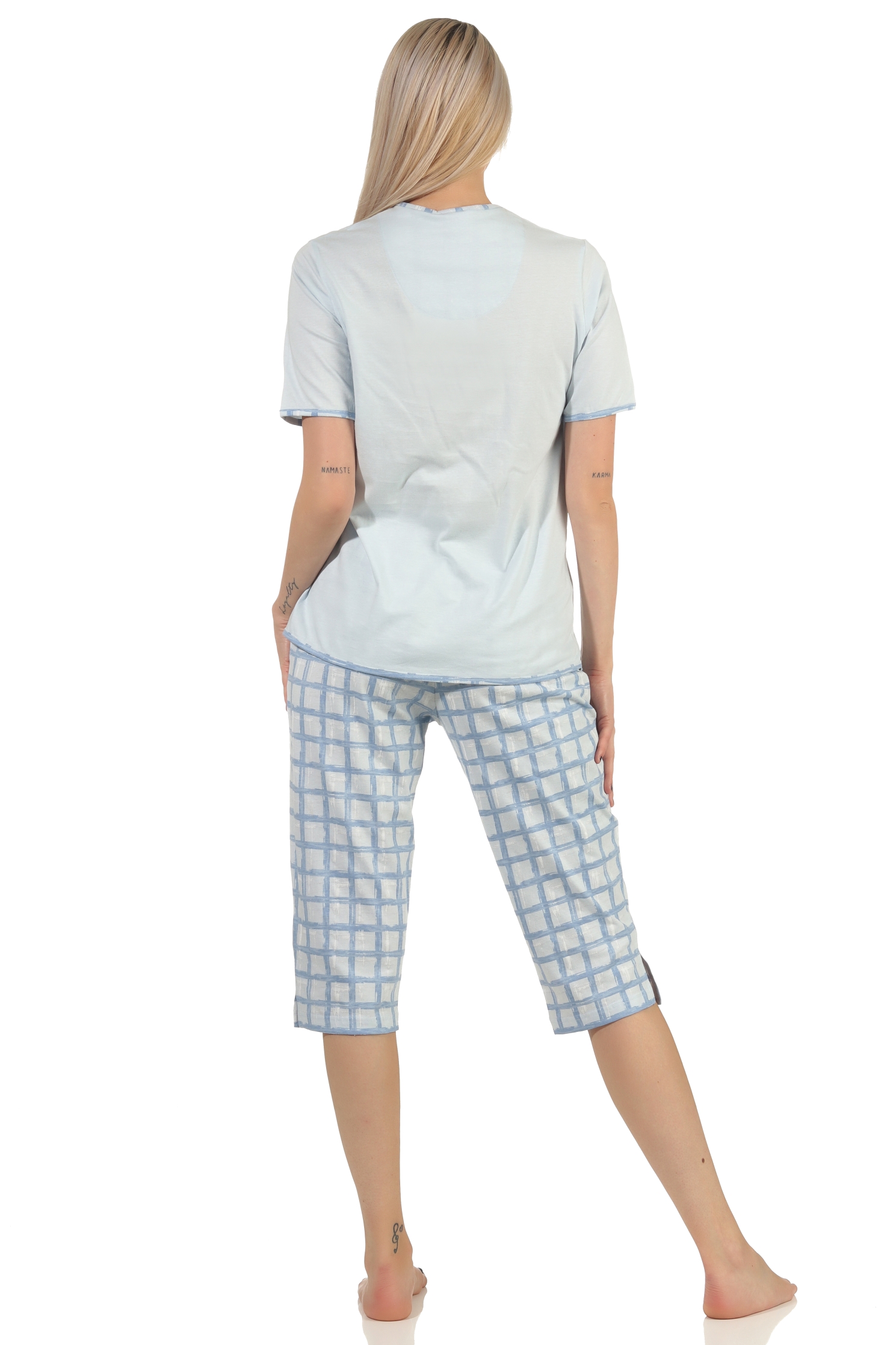 Damen kurzarm Capri Pyjama mit karierter Jersey Hose  – auch in Übergrössen erhältlich