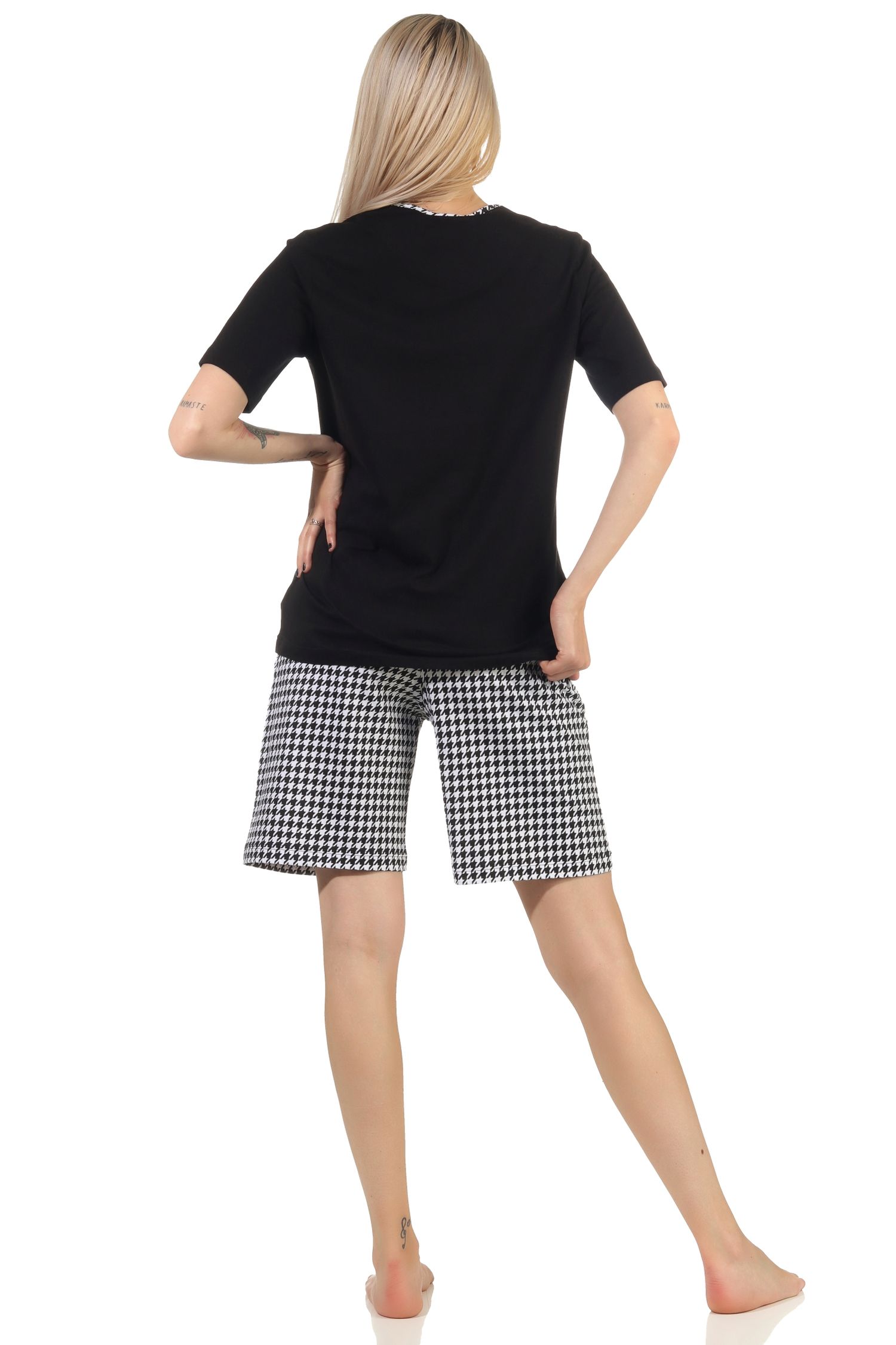 Eleganter Damen kurzarm Shorty Schlafanzug, Hose im Pepita Look – auch in Übergrössen Eleganter Damen kurzarm Shorty Schlafanzug, Hose im Pepita Look – auch in Übergrössen