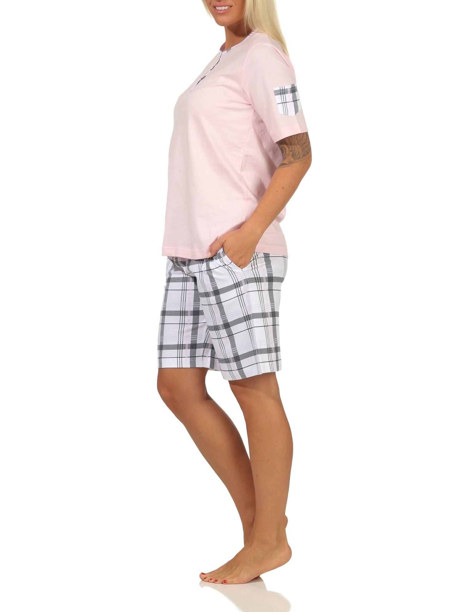 Edler Damen Schlafanzug Shorty Pyjama kurzarm mit karierter Hose aus Jersey – 112 205 445 Edler Damen Schlafanzug Shorty Pyjama kurzarm mit karierter Hose aus Jersey – 112 205 445