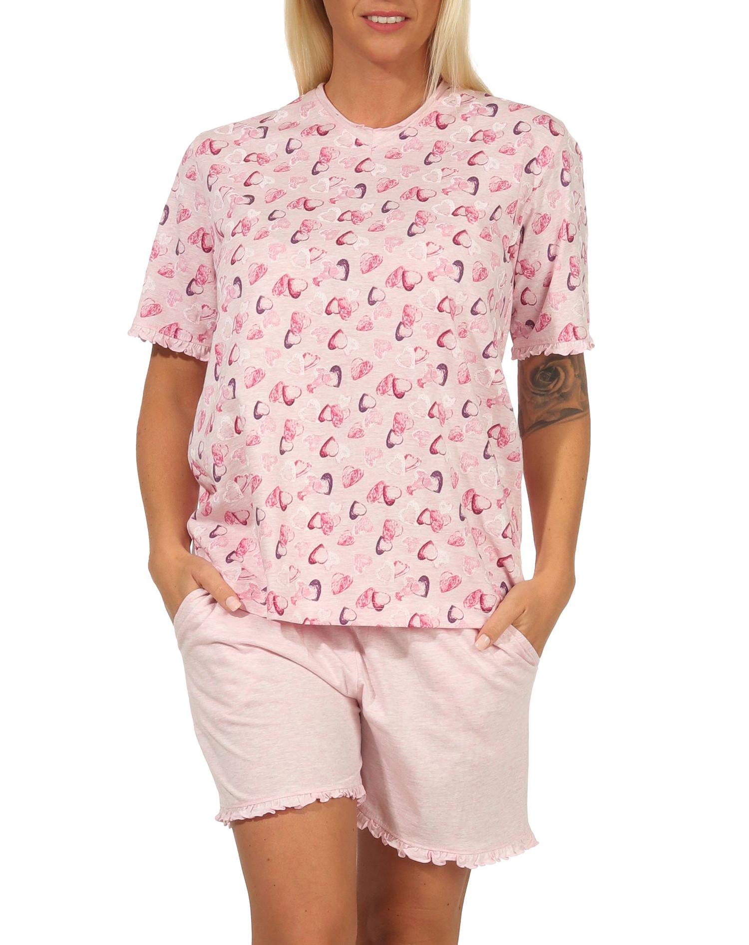 Damen Shorty Pyjama kurzarm mit Herzen als Motiv in Melange-Optik - auch in Übergrössen - 112 205 90 815 Damen Shorty Pyjama kurzarm mit Herzen als Motiv in Melange-Optik - auch in Übergrössen
