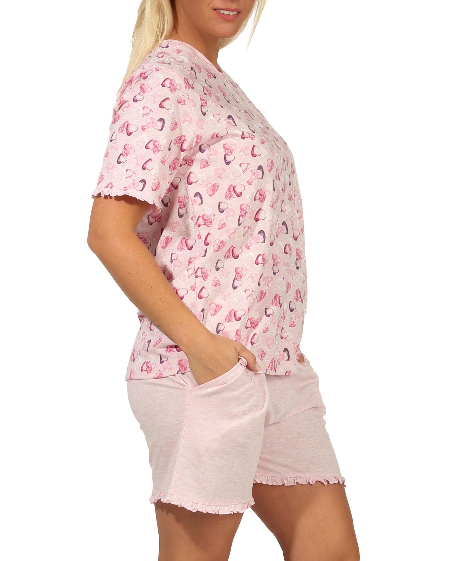 Damen Shorty Pyjama kurzarm mit Herzen als Motiv in Melange-Optik - auch in Übergrössen - 112 205 90 815 Damen Shorty Pyjama kurzarm mit Herzen als Motiv in Melange-Optik - auch in Übergrössen