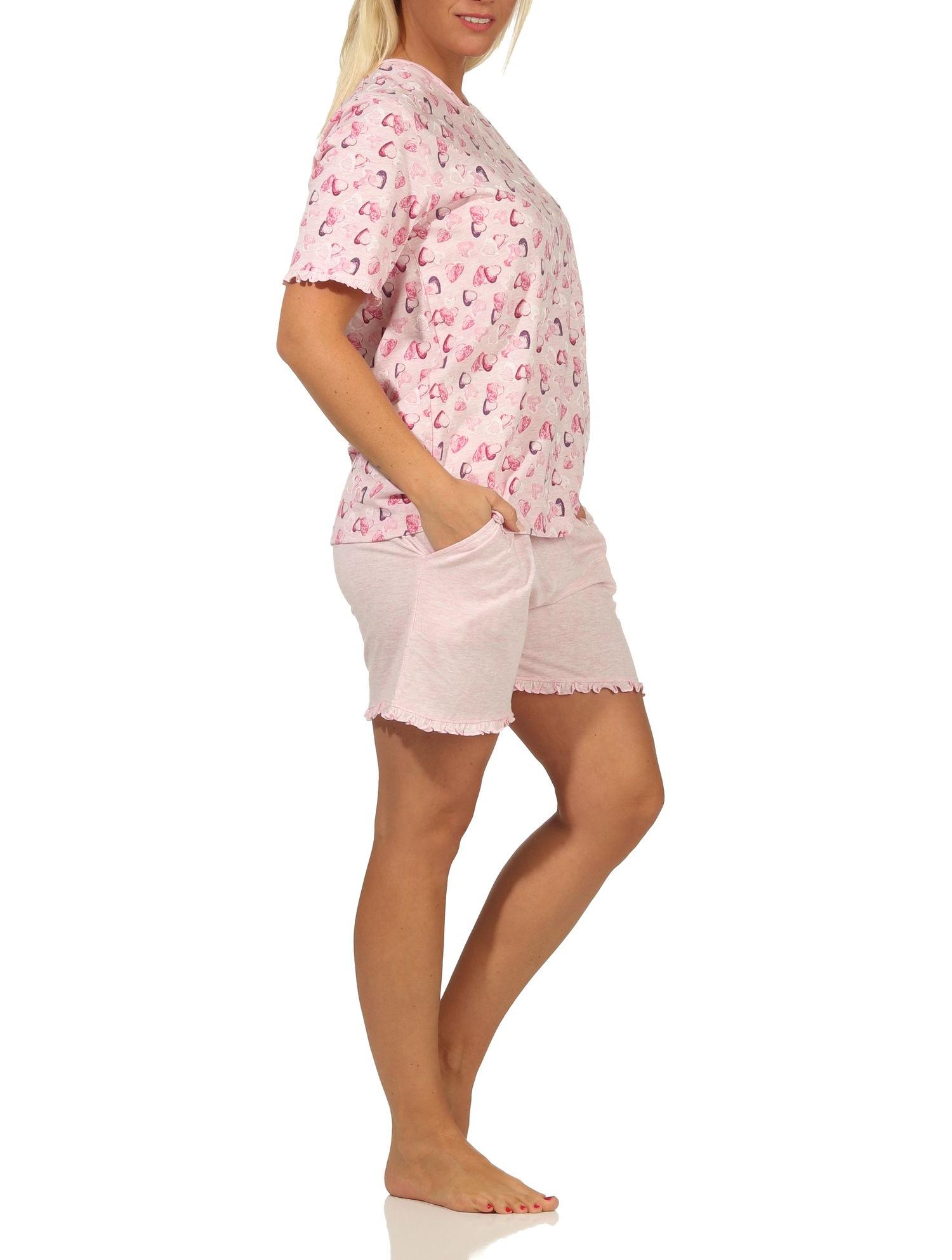 Damen Shorty Pyjama kurzarm mit Herzen als Motiv in Melange-Optik - auch in Übergrössen - 112 205 90 815 Damen Shorty Pyjama kurzarm mit Herzen als Motiv in Melange-Optik - auch in Übergrössen