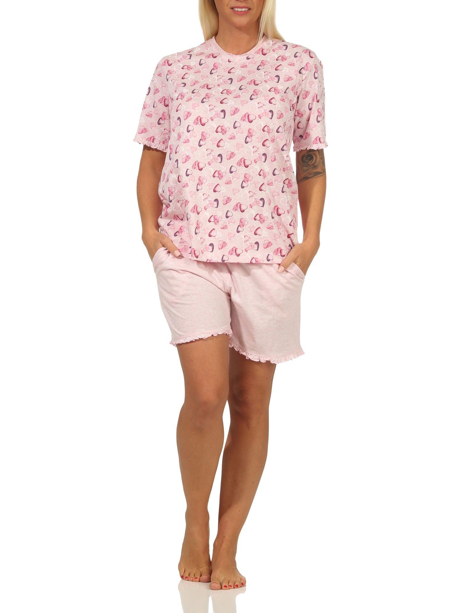 Damen Shorty Pyjama kurzarm mit Herzen als Motiv in Melange-Optik - auch in Übergrössen