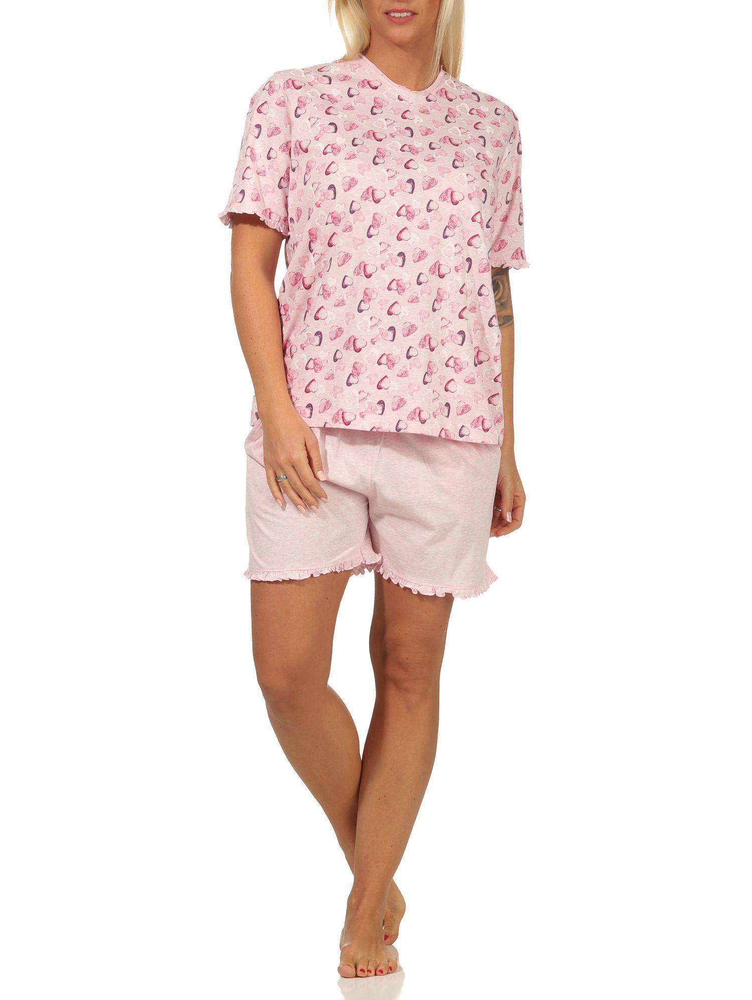 Damen Shorty Pyjama kurzarm mit Herzen als Motiv in Melange-Optik - auch in Übergrössen