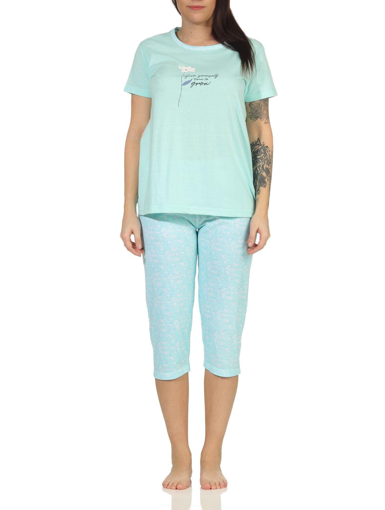 Damen Capri Schlafanzug Pyjama kurzarm mit tollen Blümchen Design - 66634