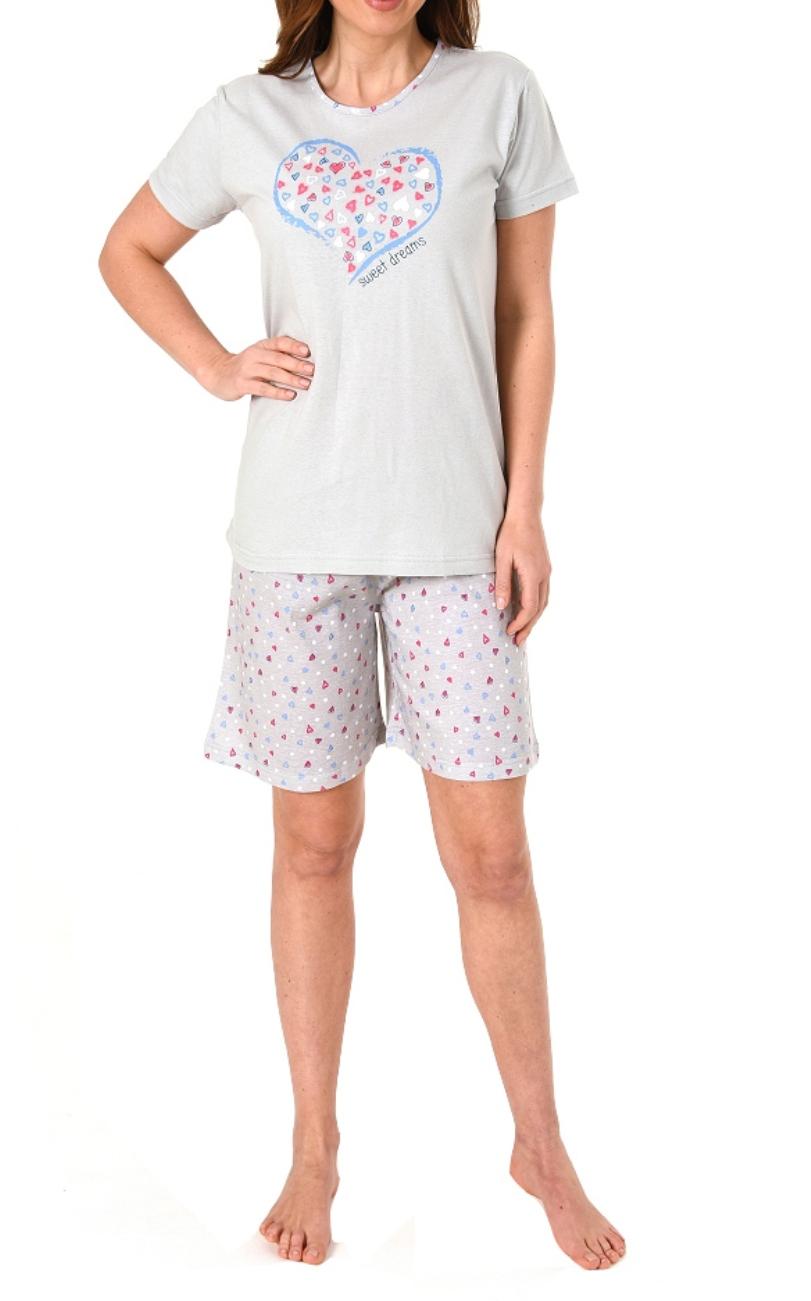 Damen kurzarm Pyjama Shorty in romantischem Design mit Herzchen - 62877