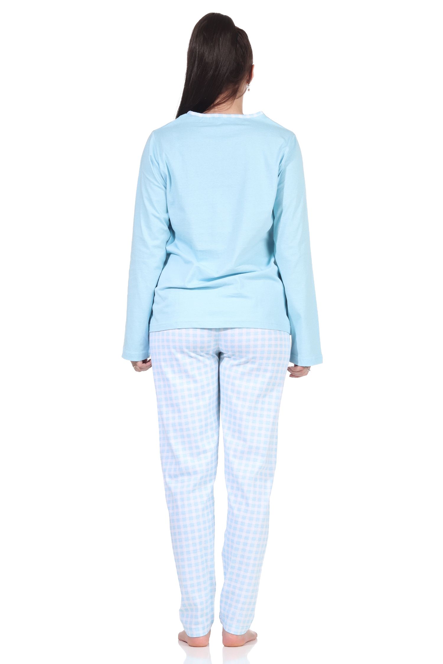Damen langarm Schlafanzug Pyjama mit süssen Katzen Motiv und karierter Jersey Hose