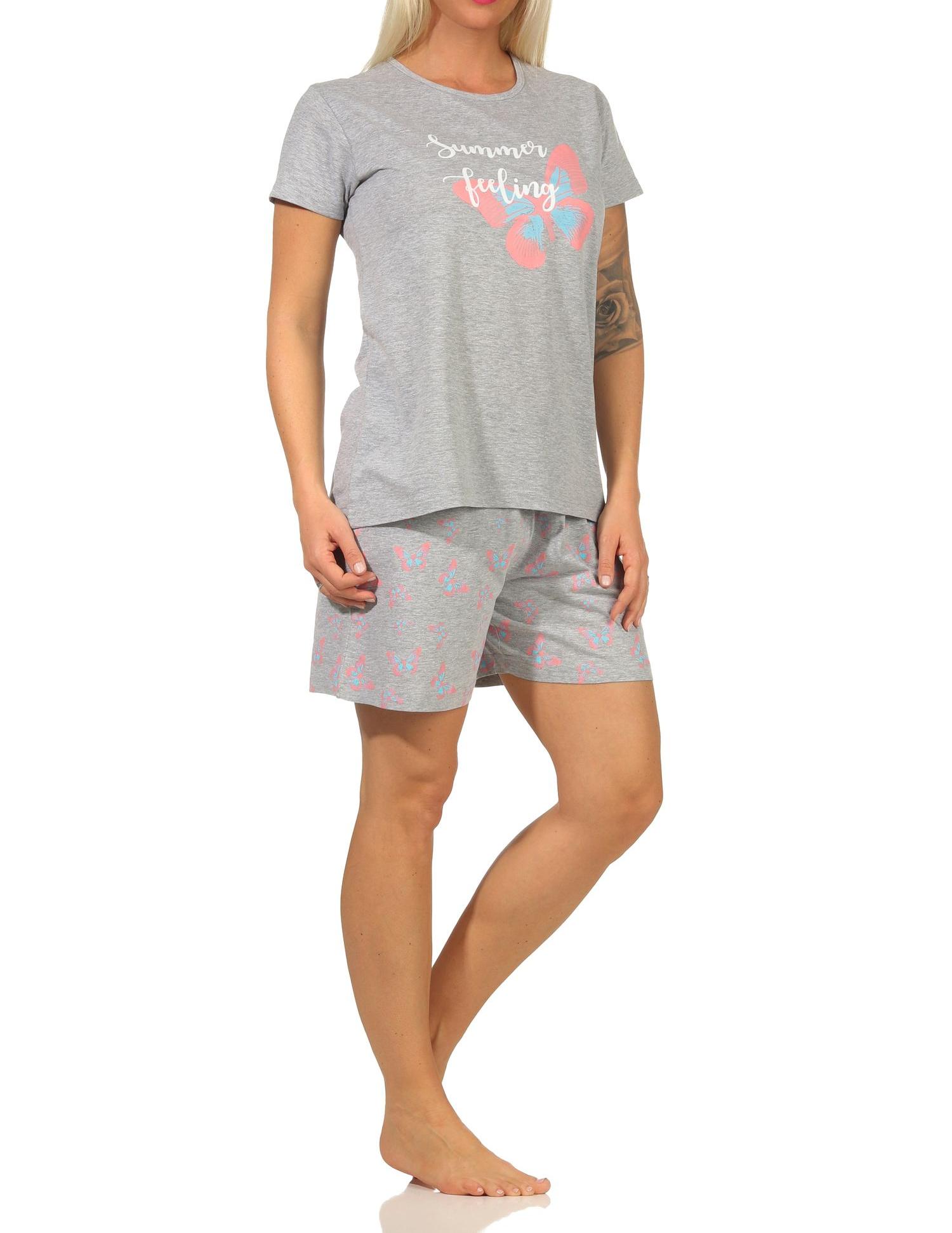 Sommerlicher Damen kurzarm Shorty Schlafanzug Pyjama mit Schmetterlingsmotiv Sommerlicher Damen kurzarm Shorty Schlafanzug Pyjama mit Schmetterlingsmotiv